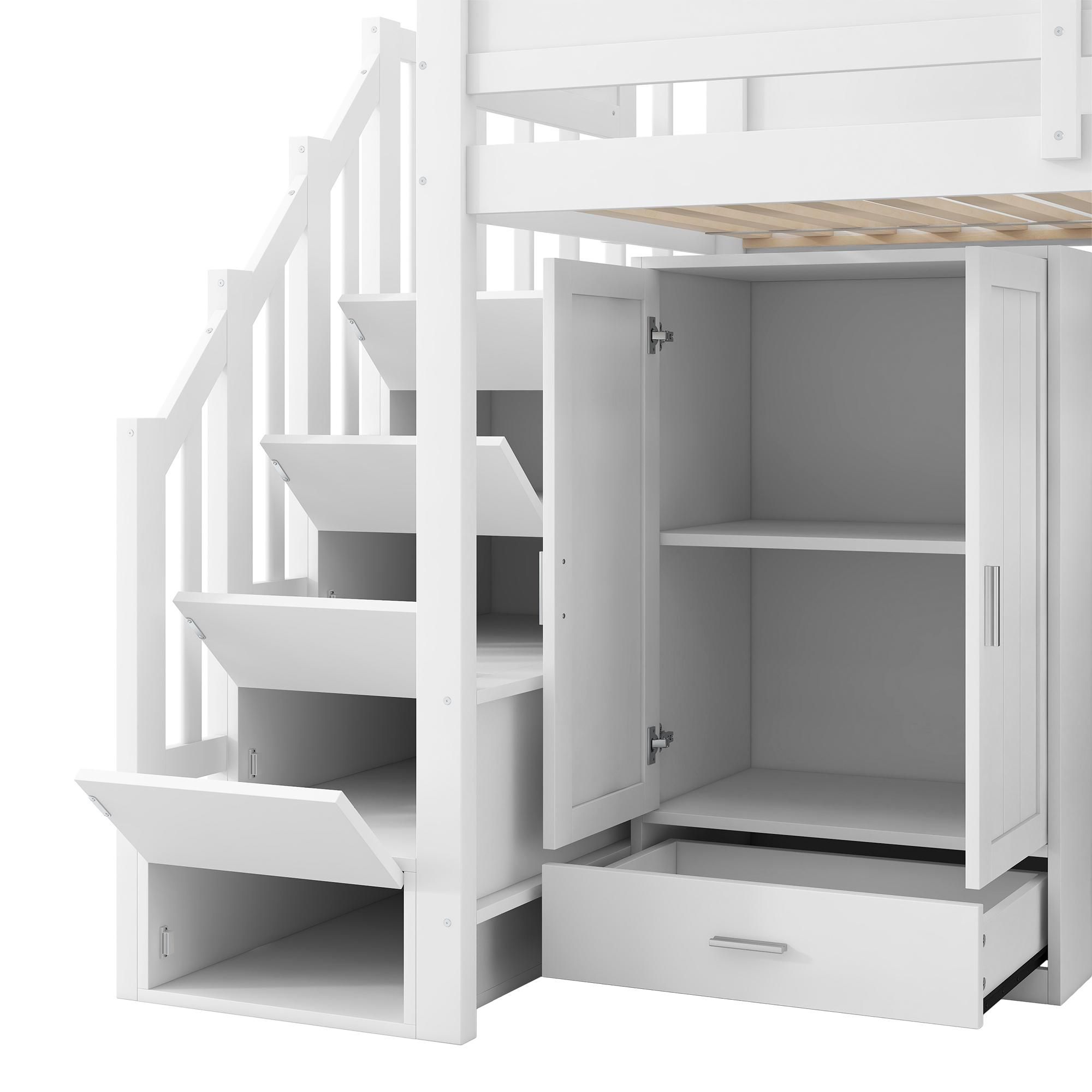 Flieks Etagenbett 90x200cm mit Kleiderschrank, Hochbett Einzelbett mit Schreibtisch und ein Bücherregal, Jugendbett Kinderbett mit Led, Weiß