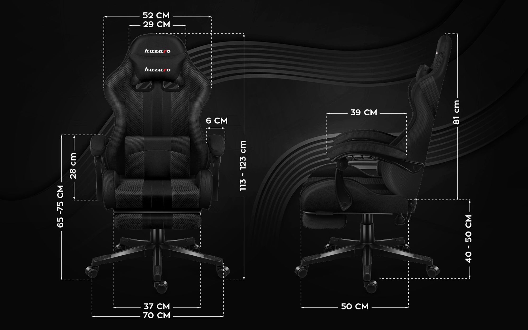 Huzaro Force 4.7 | Gaming Stuhl Bürostuhl Computerstuhl PC Chair | 90-140° Neigungswinkel Kopfstütze Lendenkissen Fußstütze Stoff | Schwarz