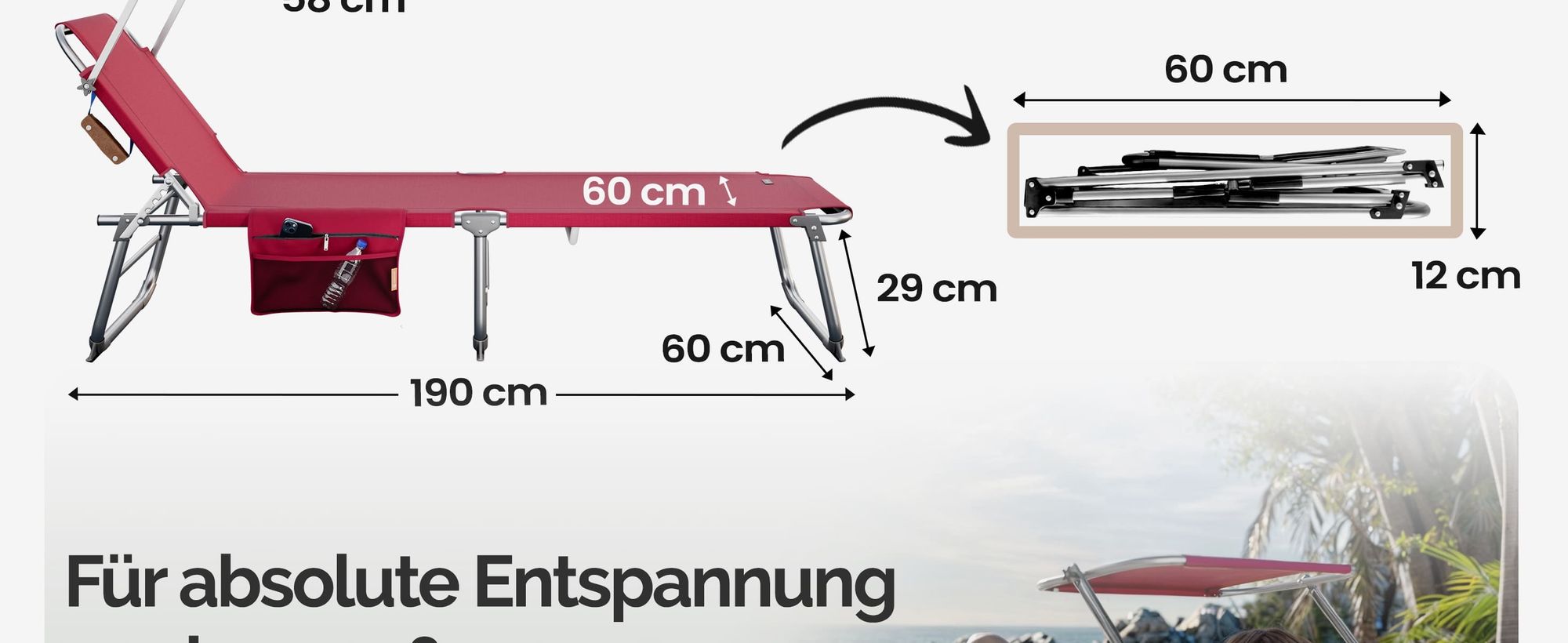 CASARIA® Sonnenliege Klappbar Wetterfest Gartenliege Mit Dach 150kg Belastbar Seitentasche Tragegriff  Alu Liegestuhl Leicht Klappliege Camping Rot