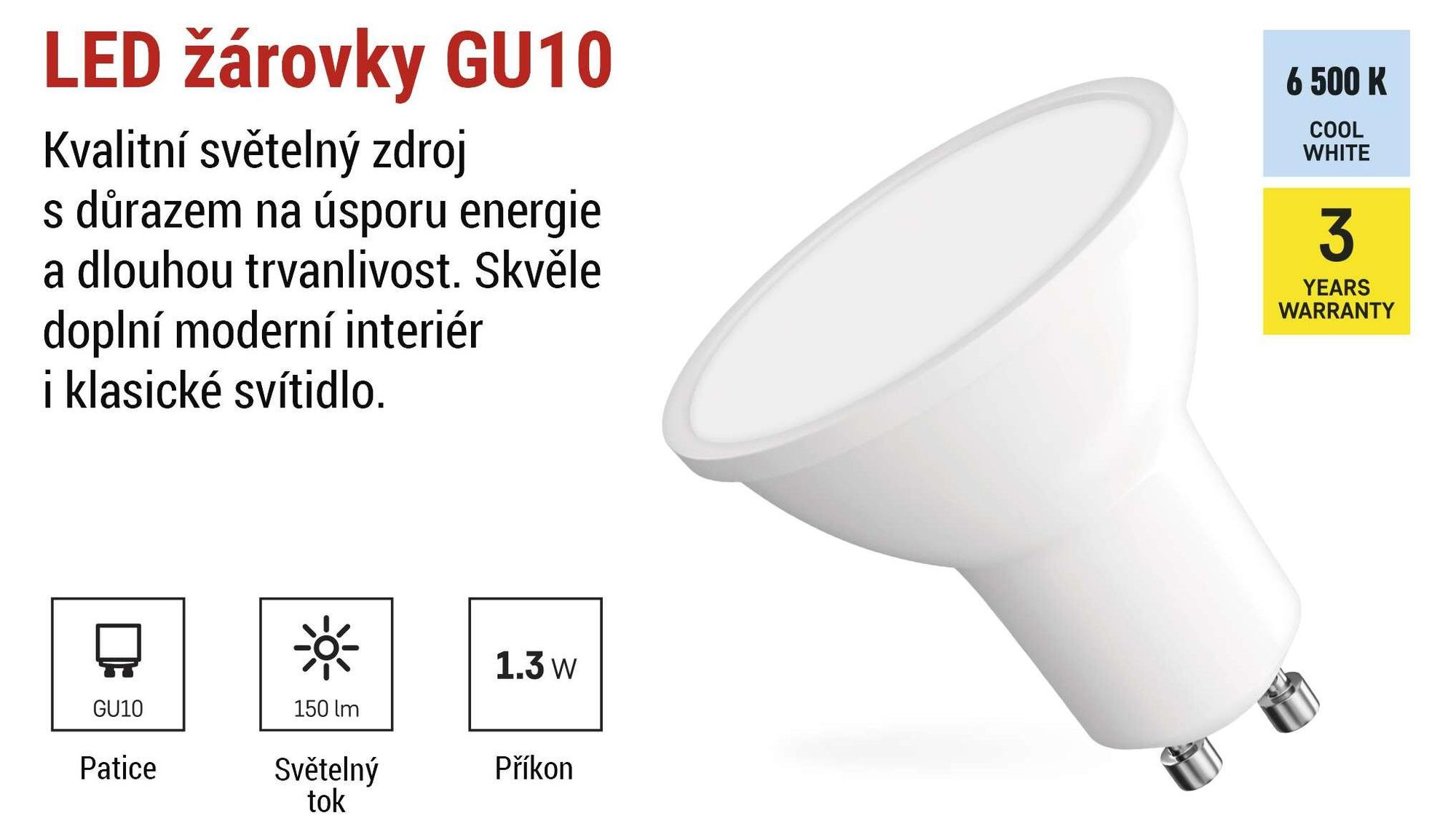 EMOS LED bodová žárovka, 1,3W, náhrada za 16W halogenovou žárovku, MR16, patice GU10, svítivost 150lm, studená bílá 6500K, životnost 30000 h, ZQ8EL4