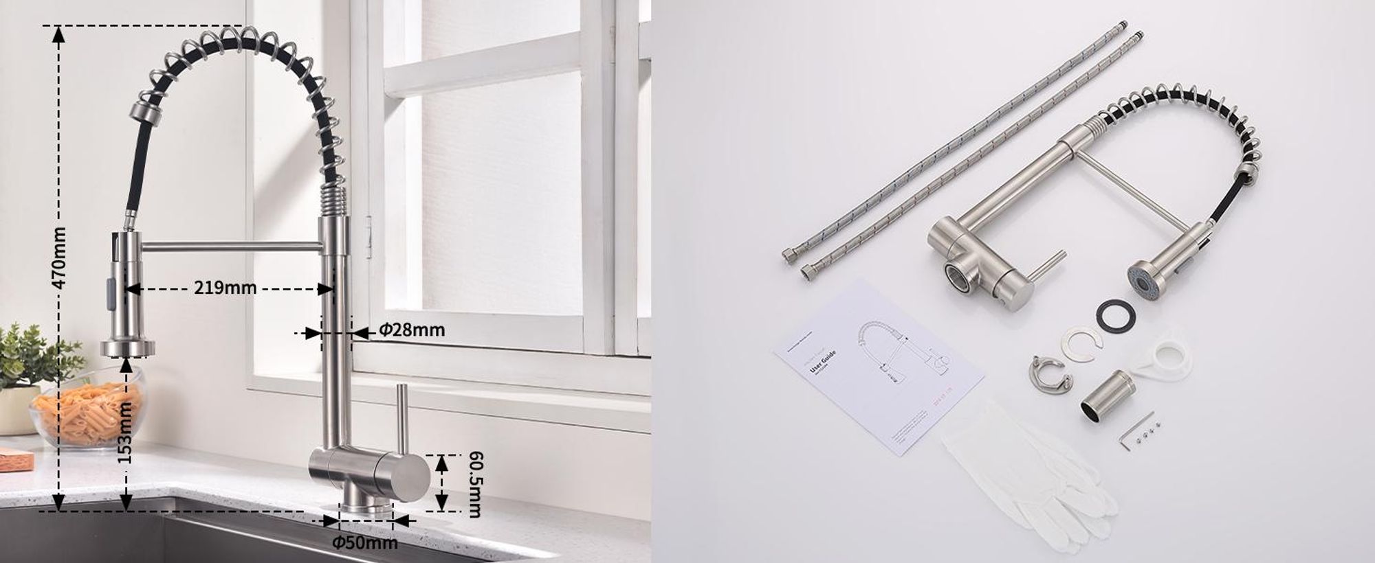 Homelody Vorfenster Küchenarmatur 90° Faltbar 360° Drehbare Hochdruck Edelstahl 304 Wasserhahn Küche mit Brause Ausziehbar 2 Strahlarten Gebürstet