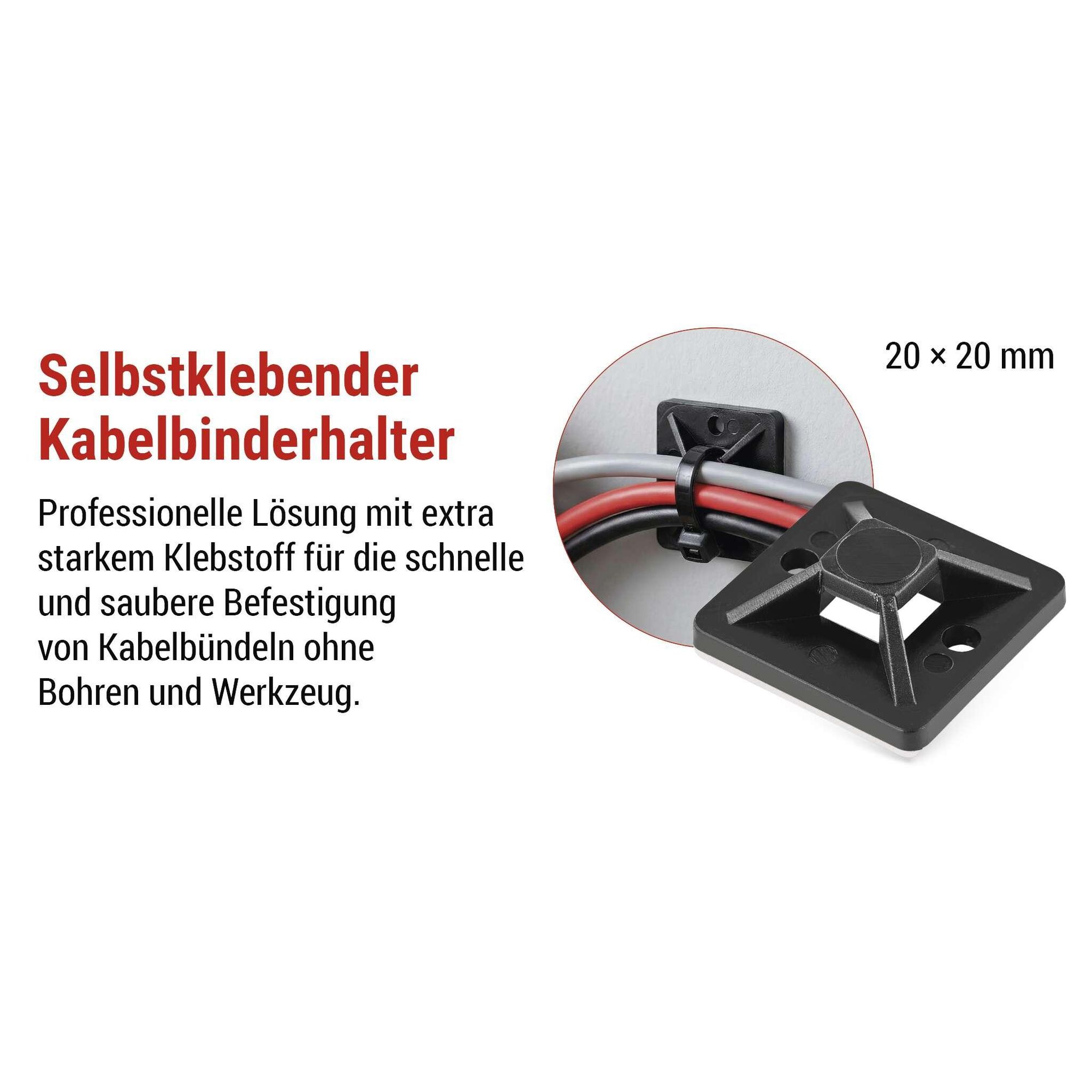 EMOS 25 Stück selbstklebender Kabelbinderhalter, 2x2 cm, 3M-Halterung für Kabelbinder, hohe Festigkeit, -40–80°C, UV-Schutz, für Außen, schwarz, A2831