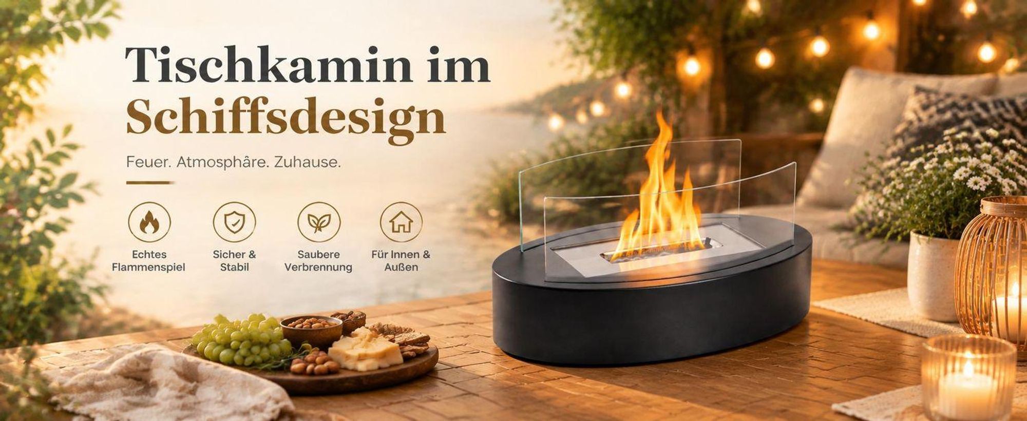 Chimenea de bioetanol ZMH, modelo de mesa oval, 35 cm de diámetro, fabricada en acero inoxidable. Duración de la combustión: 1,5 horas. Chimenea de vidrio con fuego artificial, apta para interiores y exteriores. Fuego decorativo