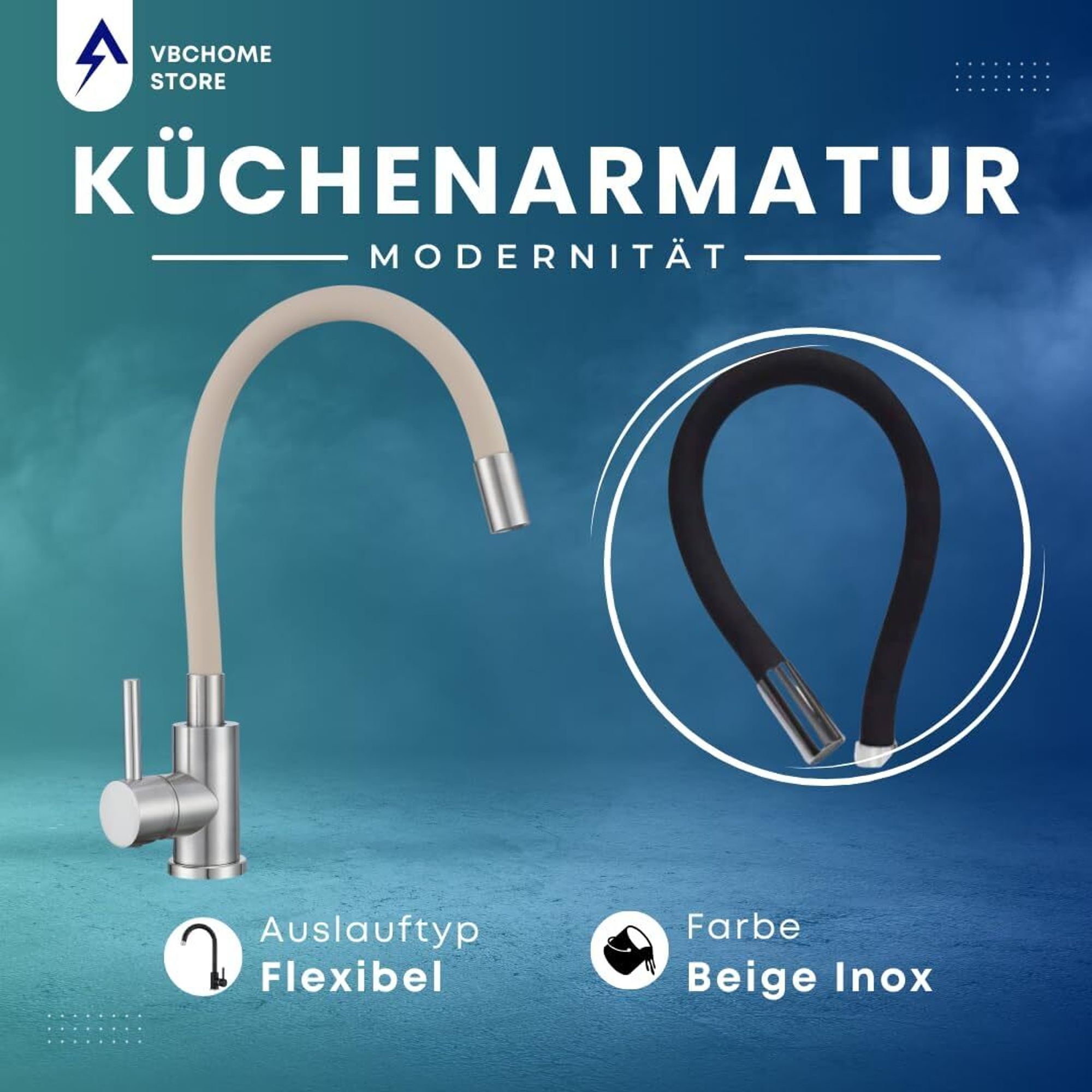 VBChome Küchenarmatur mit flexibler Beige Silikonbrause – Flexibler Wasserhahn mit Einhebelmischer für Spüle – Armatur Gebürstetes Detail
