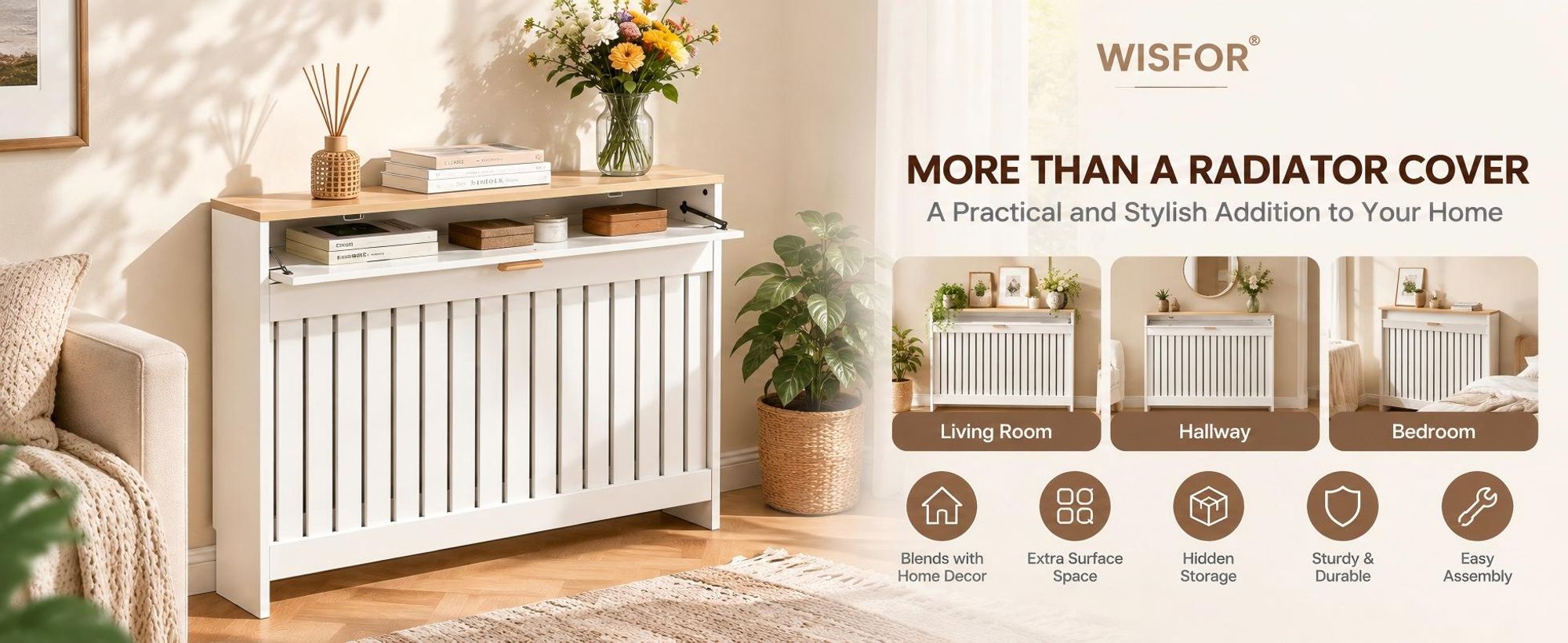 WISFOR Heizkörperverkleidung Heizkörperabdeckung mit Schublade, 112,5×19×95,5 cm, Weiß & Holzoptik