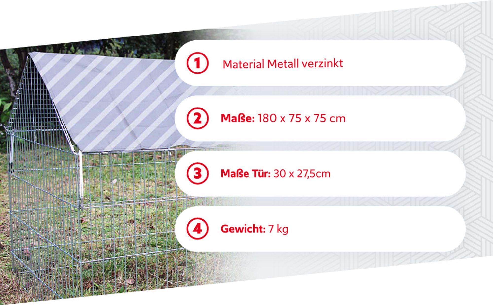 Wiltec Freilaufgehege Kaninchen 180 x 75 x 75 cm, Außengehege und Kleintierstall für Kaninchen, Hasen, Meerschweinchen, Freigehege als Hasenstall