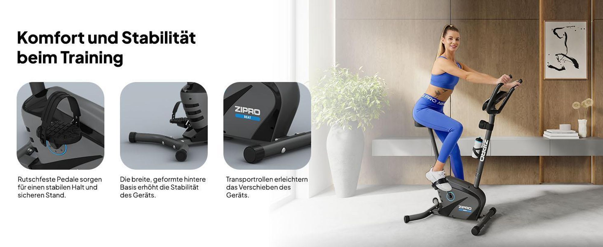 Zipro Heimtrainer Fahrrad Beat – Magnetisches Fitnessbike Schwungmasse Leiser Hometrainer für Zuhause Pulsmessung, Flaschenhalter & LCD Display 120 kg