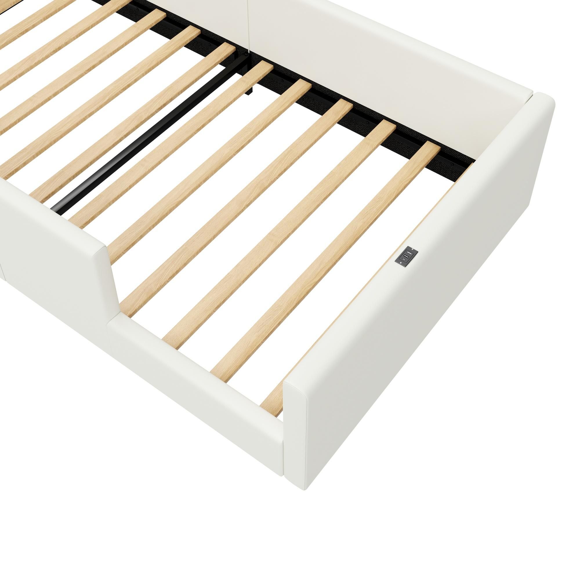 Merax 90x200 Polsterbett Kinderbett 90x200, mit gepolstert, Schutzgeländer, USB & Typ C, Jugendbett, Softbett, Flachbett, Bodenbett, PU, weiß