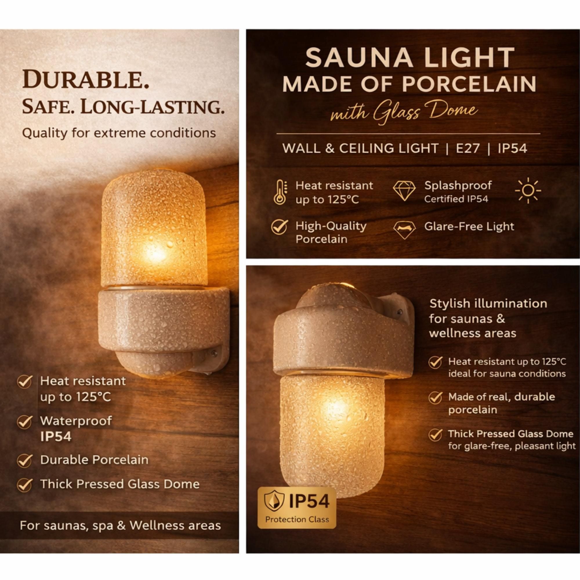 Porzellan Sauna Wandleuchte E27 IP54 mit Glaskuppel