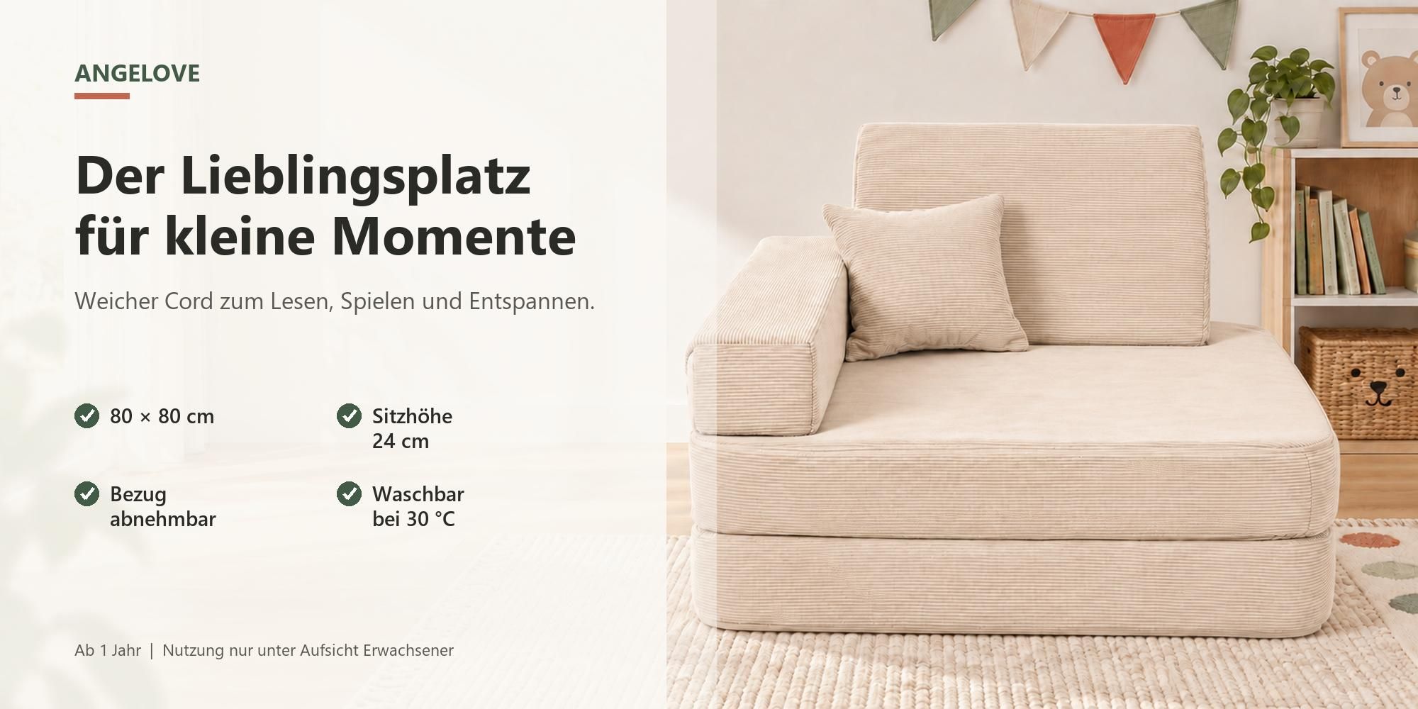 AngeLove Kindersessel aus weichem Cord: 80 x 80 cm, Sitzhoehe 24 cm, Bezug abnehmbar und bei 30 Grad waschbar