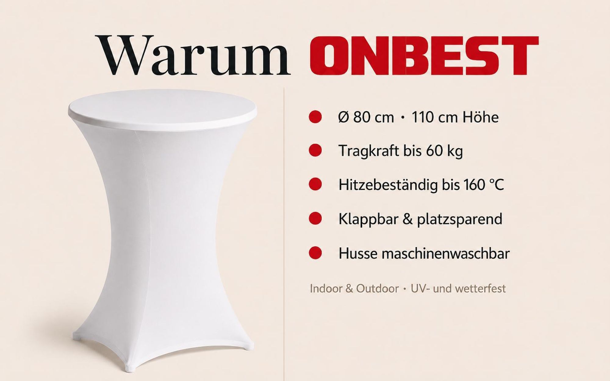 ONBEST Stehtisch | klappbar | mit Husse | Ø 80 cm | 60 kg | Tragkraft | 110 cm Höhe | Kratzfest | Wetterfest