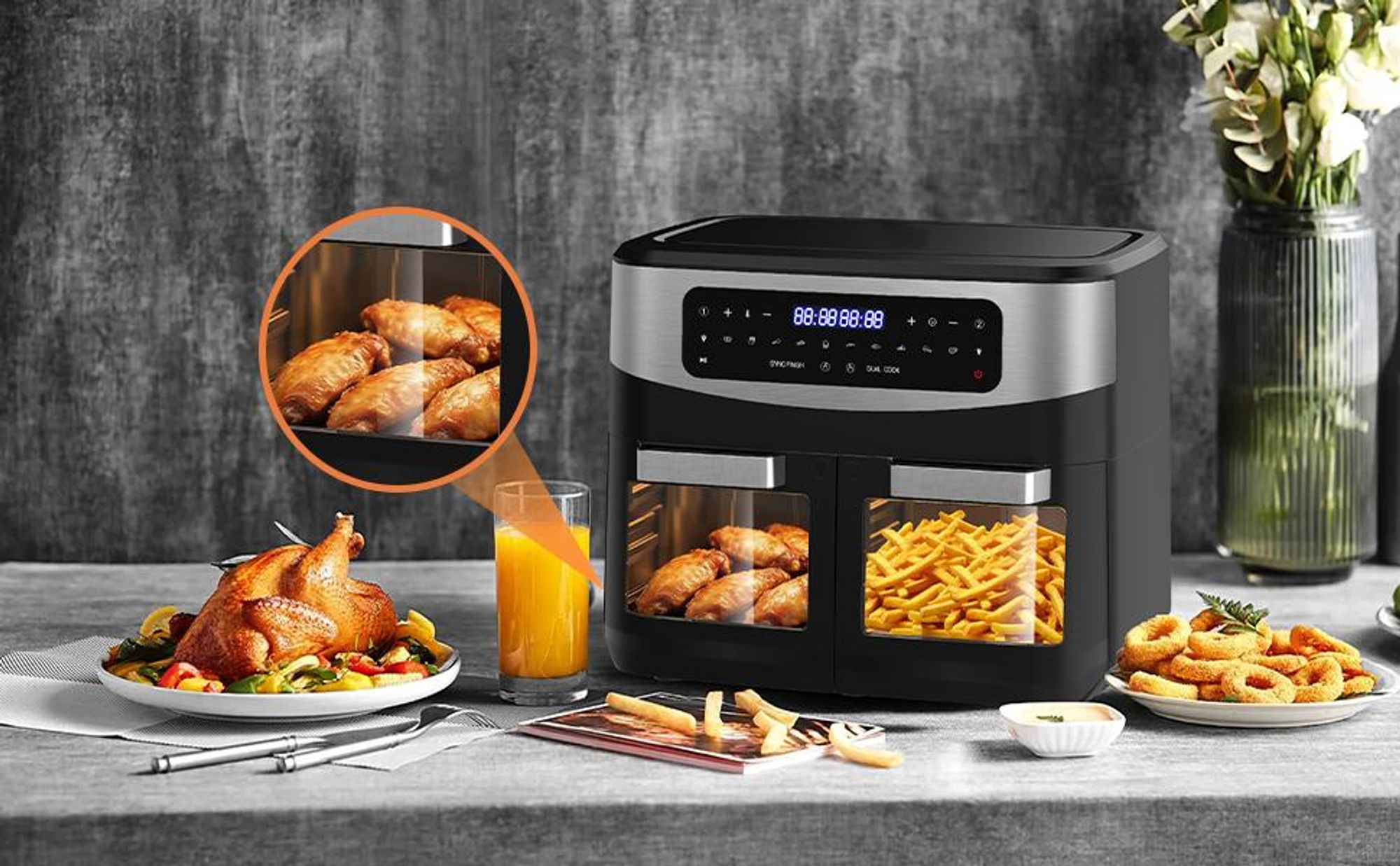 Heißluftfritteuse mit 2 separaten 5,5L Kammern & Sync-Finish – 2600W XXL 12L Gesamtvolumen, 10 Programme, Sichtfenster