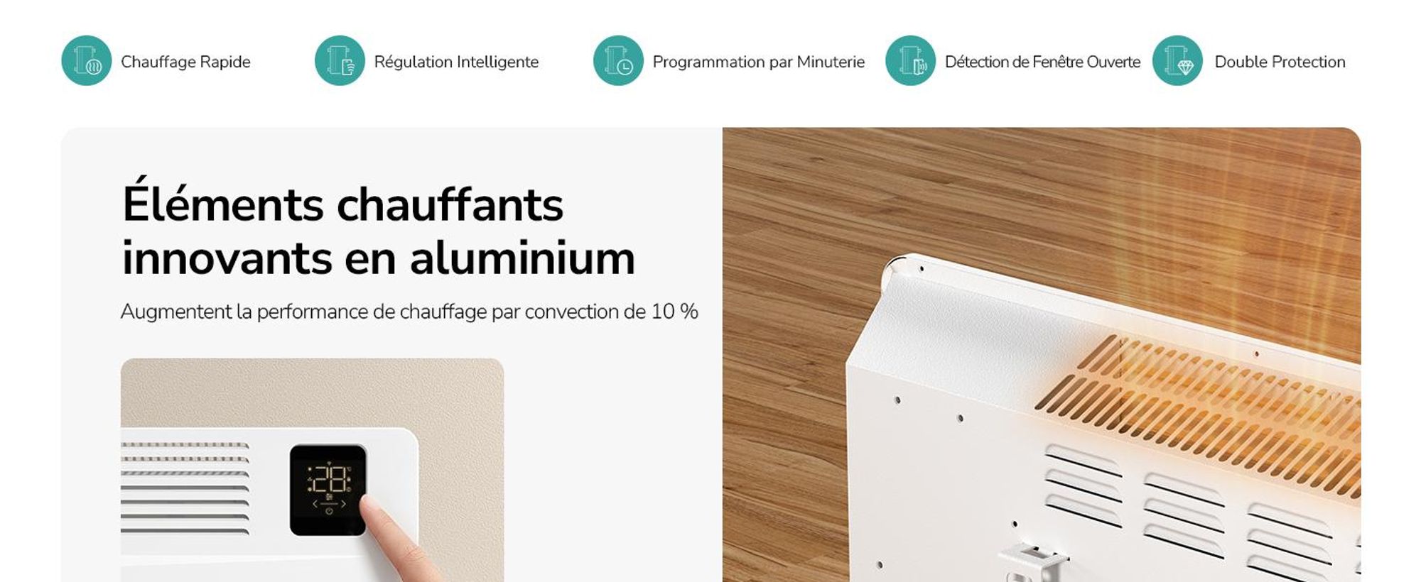 Radiateur convecteur EMKE 2000 W avec WiFi et application, radiateur électrique à économie d'énergie, chauffage mural et appareil sur pied avec roulettes, minuterie 24/7, blanc
