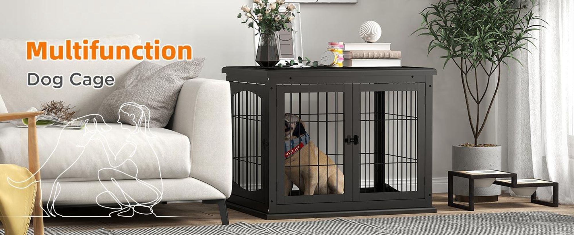 Klatka dla psa PawHut z 2 wejściami, nowoczesna, MDF, do użytku domowego, buda dla psa średniego i małego do 20 kg, 58,5 x 81 x 66 cm, czarna