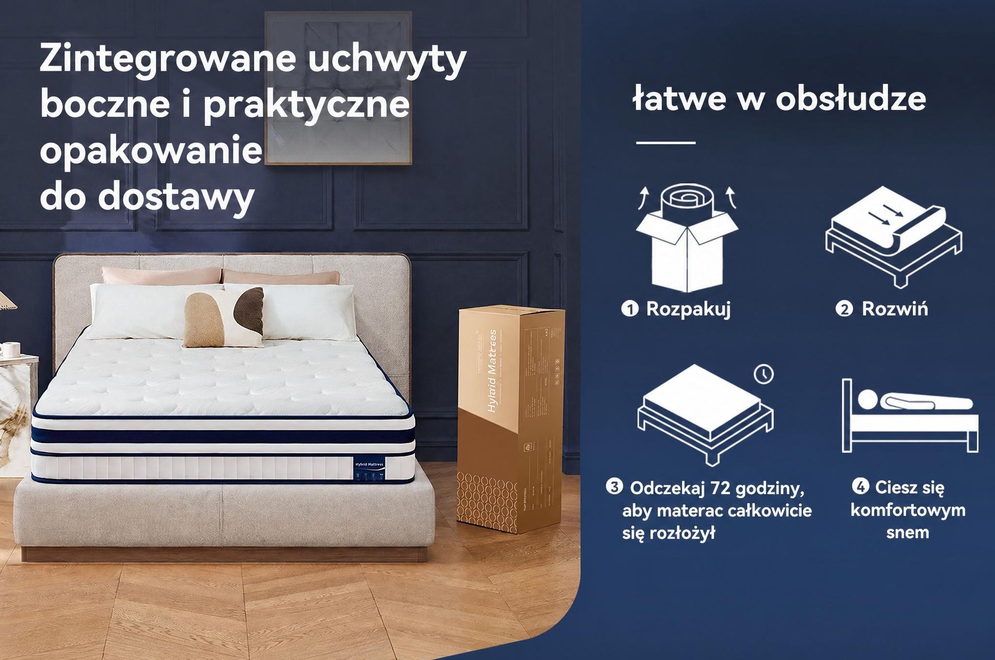 Materac 90x200 30 cm zintegrowany topper, 7‑strefowy materac kieszeniowy sprężynowy H3/H4