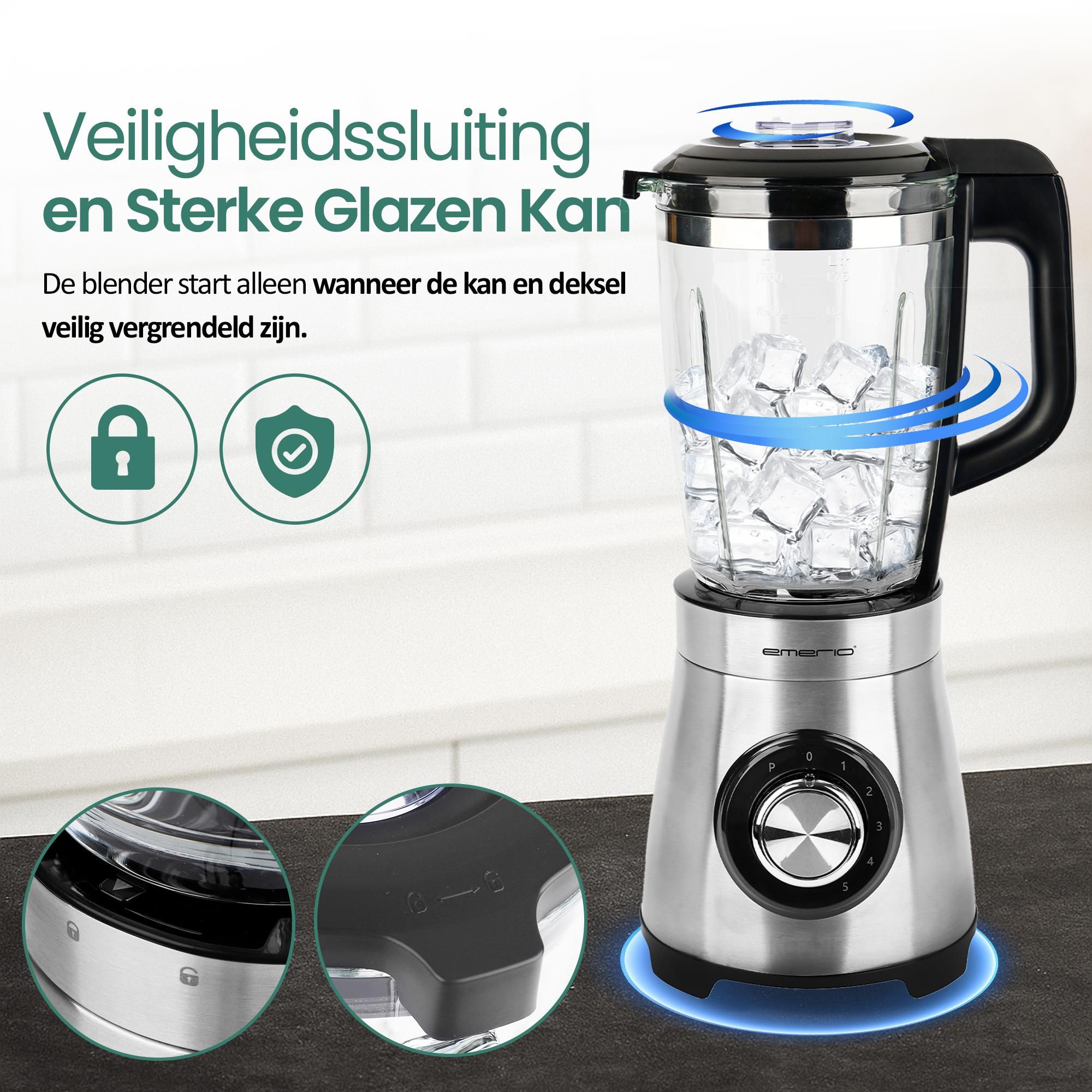 Emerio Blender BL-126794 – 1,75 L – 1000 W – 5 Snelheden – Glazen Kan – RVS Messen