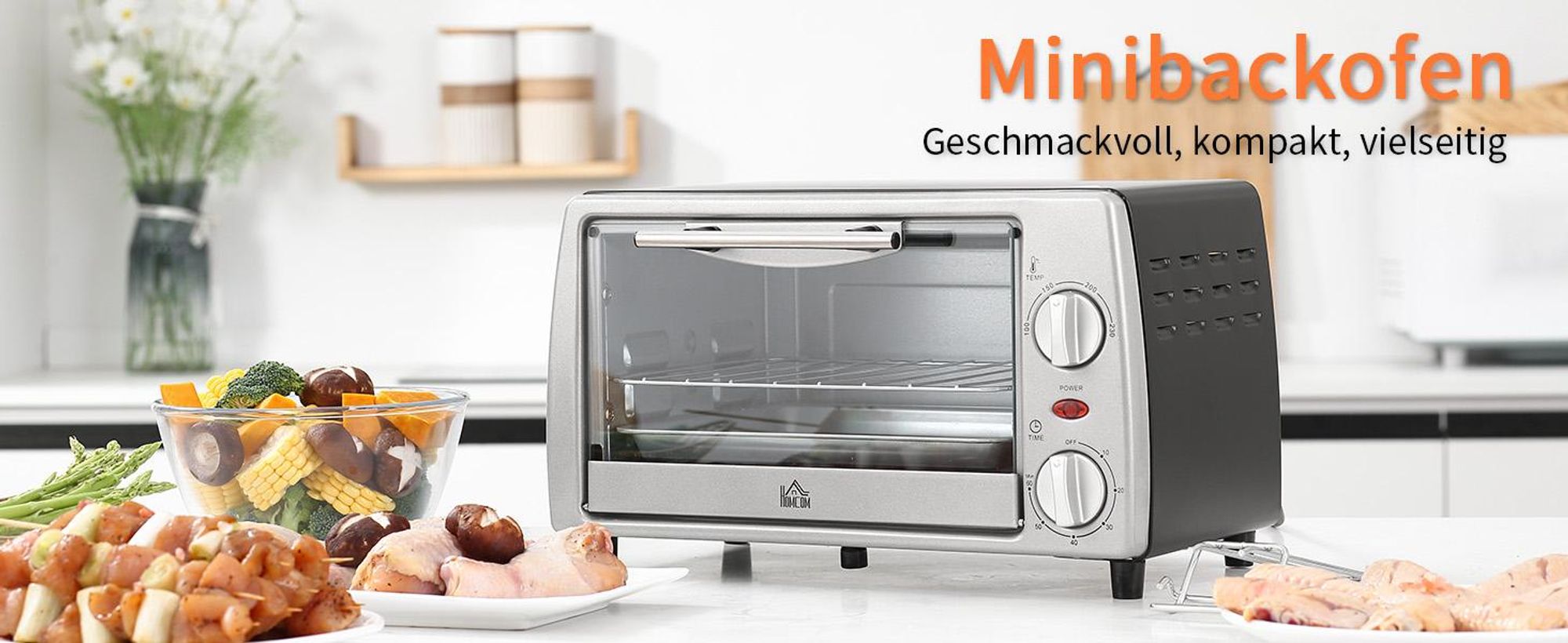 HOMCOM Mini Backofen 10 Liter 750W Kleiner Elektrobackofen, Silber