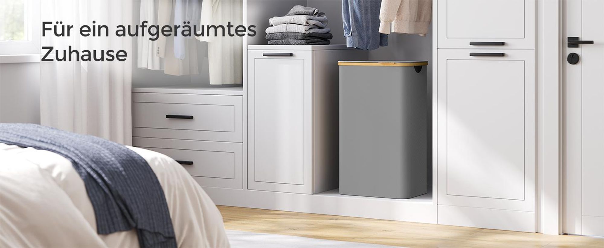 SONGMICS Wäschekorb mit Deckel, 90 L, herausnehmbarer Wäschesack, Griffe aus Bambus