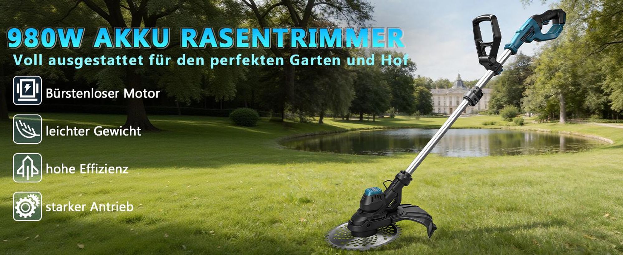 980W Akku-Rasentrimmer 14800U/min Grastrimmer mit Bürstenloser Motor, Unkrautbürste, Motorsense, Motorsense Kompatibel mit Makita Akku[ohne Akku]