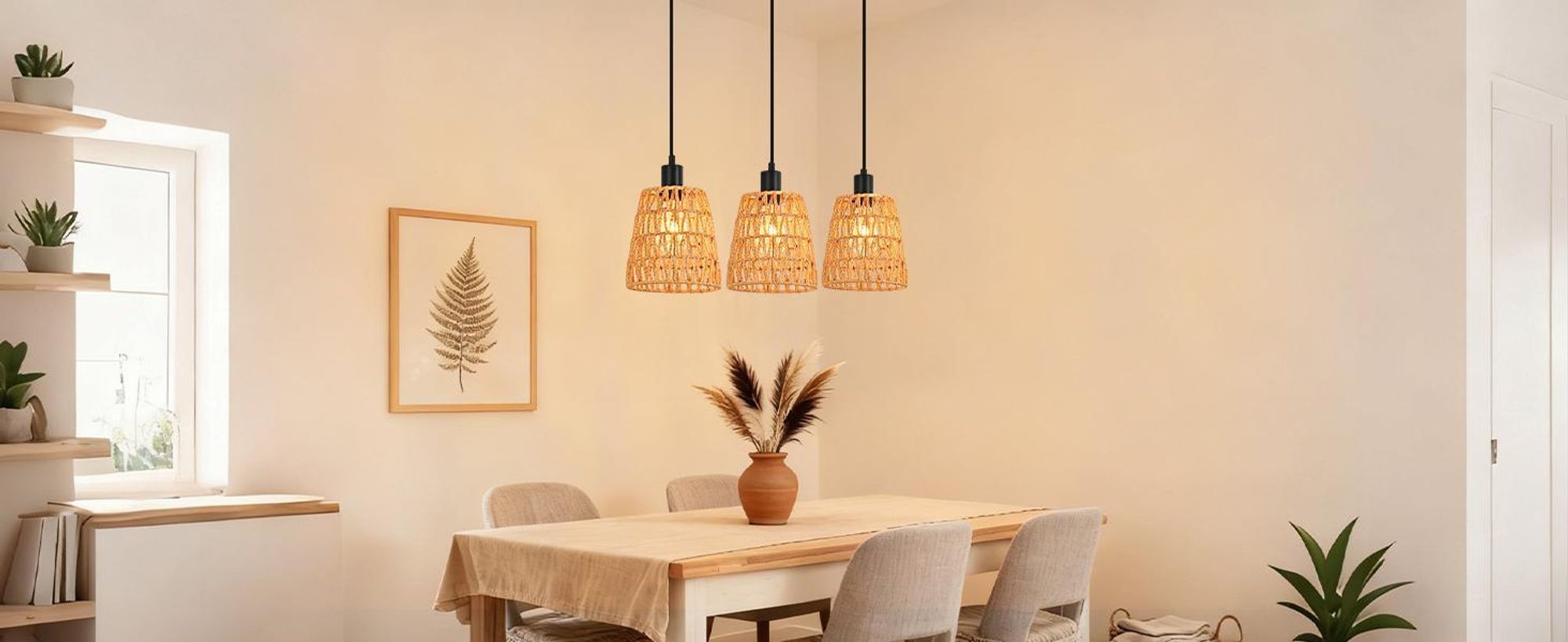 ZMH Hängelampe Boho Pendelleuchte Rattan 3 Flammig Esstischlampe Retro Geflochten Hängeleuchte Lampenschirm Hanfseil E27 Pendellampe Ohne Leuchtmittel