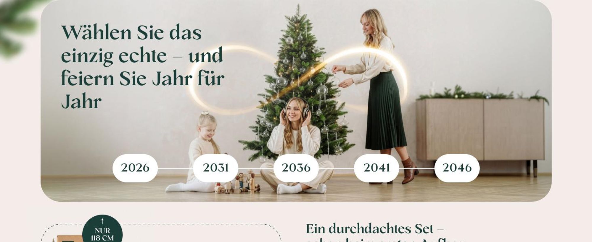FAIRYTREES Weihnachtsbaum künstlich, Nordmanntanne Premium 150 cm, Naturgetreue Spritzguss Elemente,  EU, Künstlicher Weihnachtsbaum mit handgefertigtem Ständer aus Eschenholz