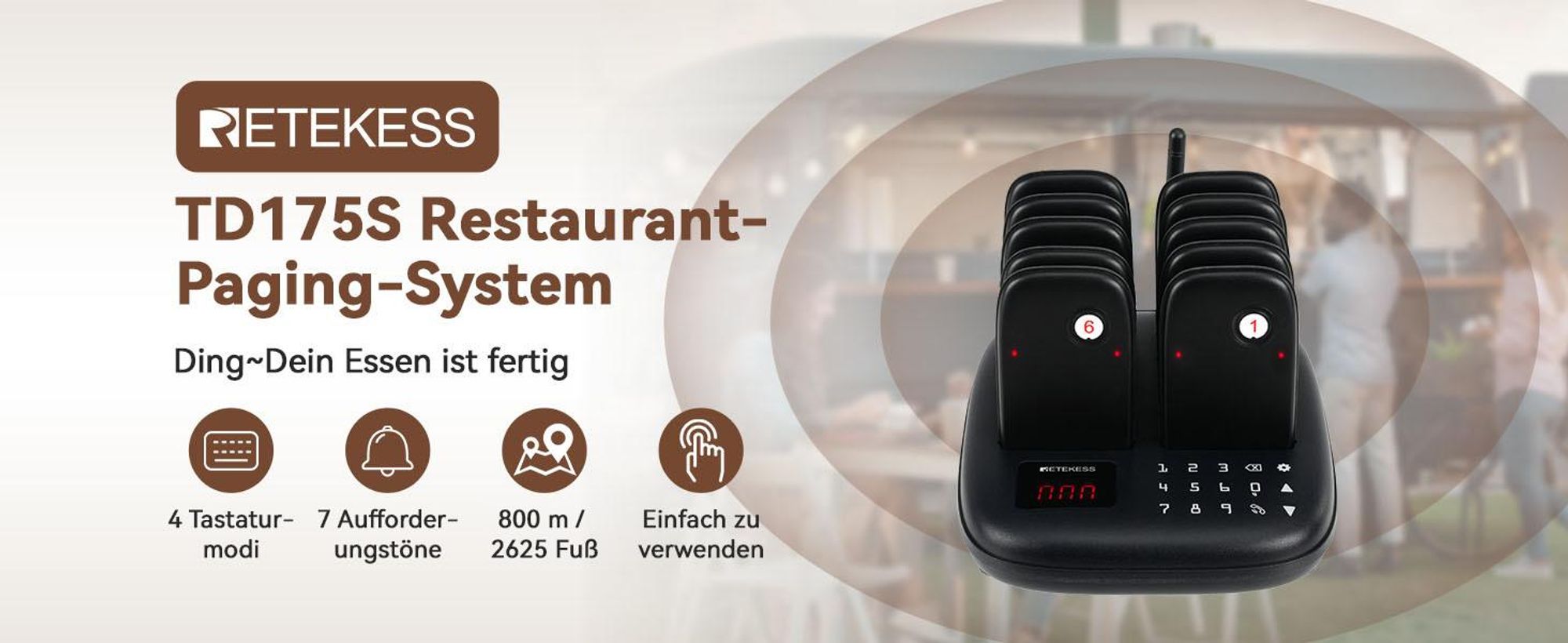 Retekess TD175S Restaurant Pager System, Restaurant Buzzer, mit Vibration, Outdoor 800M, 7 Rufmodi, 10 Abfragehistorie, für Fast Food Speisewagen