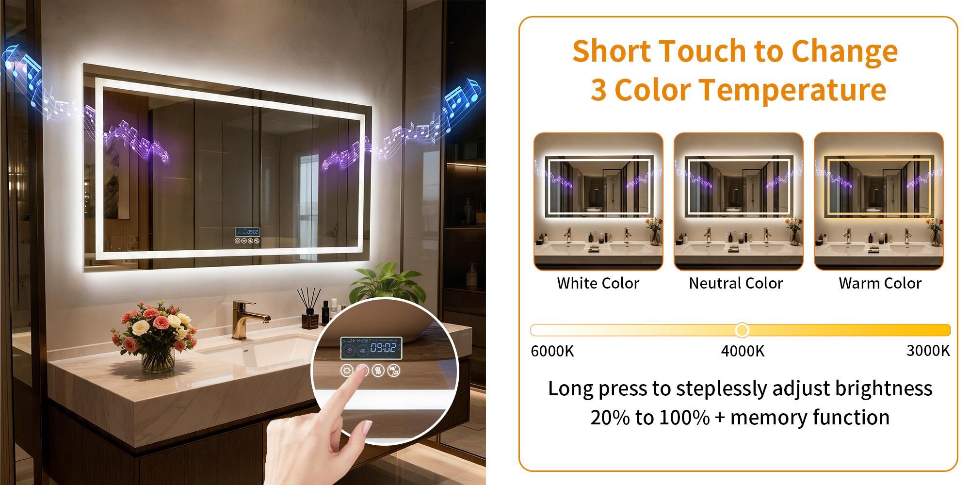 WISFOR LED Bluetooth Badezimmerspiegel-mit-Beleuchtung 120 x 70 cm Wandspiegel mit Uhr Speicherfunktion Anti-Beschlag 3 Lichtfarben