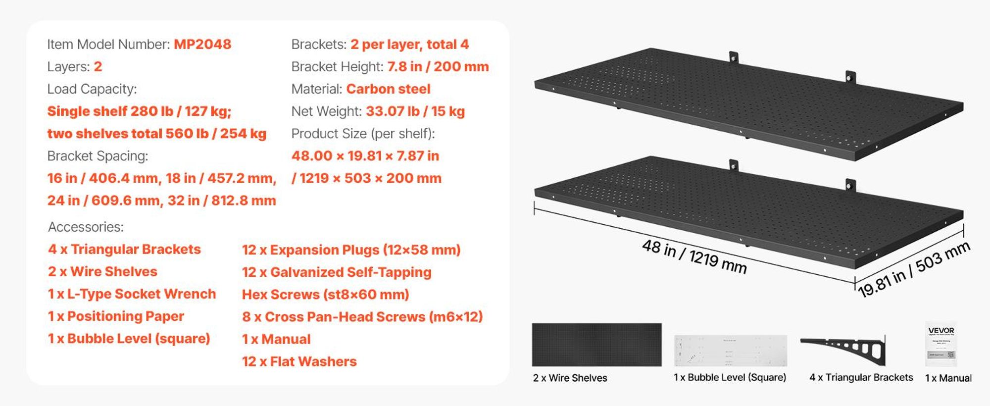 VEVOR 2-stufige Schwerlast-Wandregale für die Garage, 50 x 122 cm Stahl Wandmontierte Regaleinheit, 500 x 1219 mm pro Regal Schwimmendes Lagerregal aus Metall für die Garage mit 254 kg Gesamttragfähigkeit, Schwarz, 20x48 Zoll