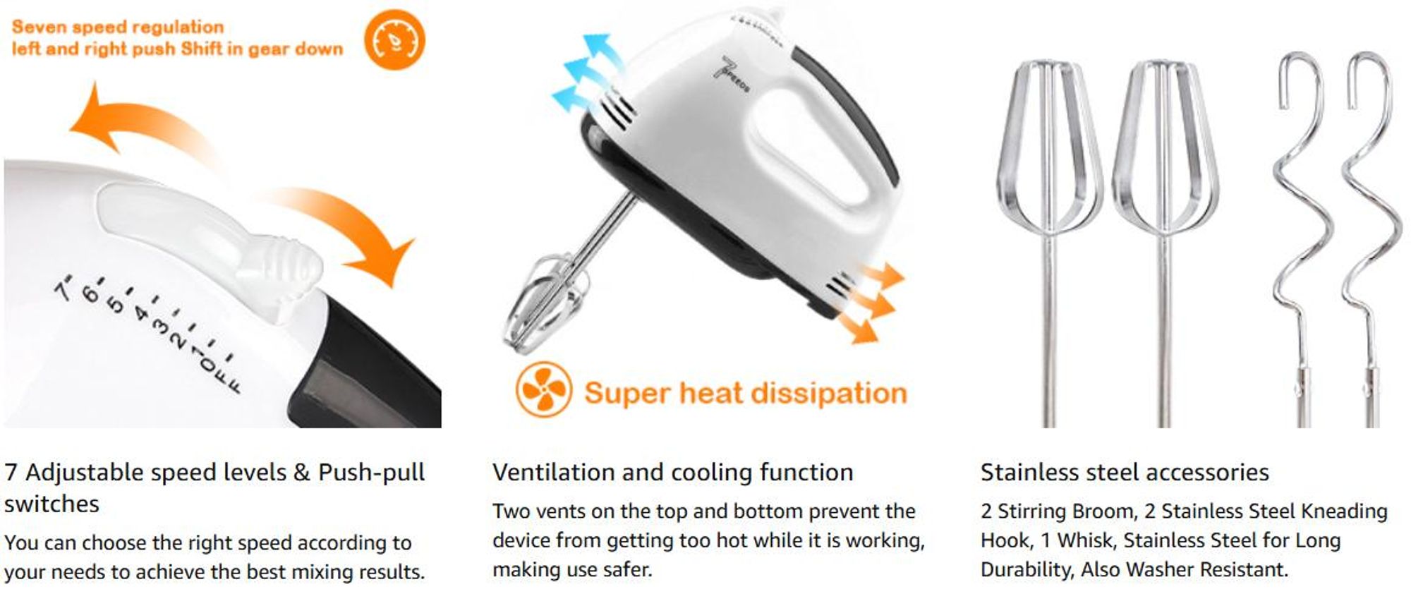Handmixer Elektrischer Handrührer mit 7-stufig & 5 Edelstahl-Aufsätzen – Handrührgerät - Hakenentriegelung Edelstahl Stabmixer Pürierstäbe Schneebesen