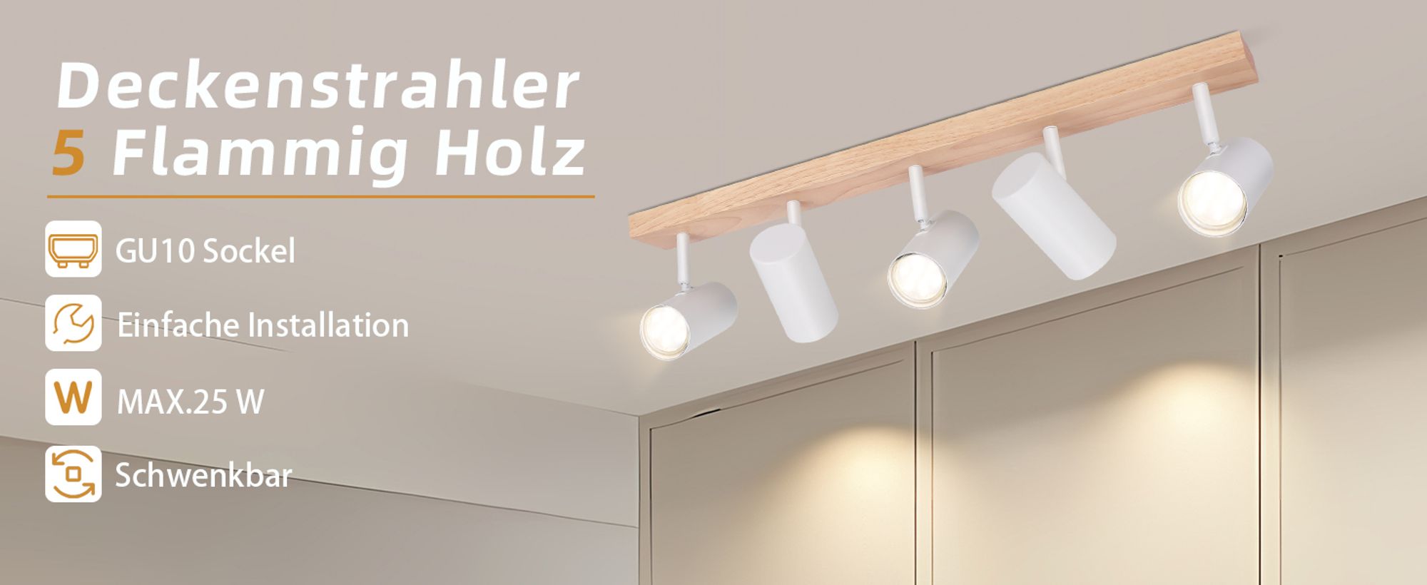ZMH Deckenleuchte 5 Flammig Deckenstrahler Holz Deckenlampe Weiß Deckenspots GU10 Wohnzimmerlampe 350° Flurlampe Decke Spotlight Flur für Schlafzimmer Küche Wohnzimmer Ohne Leuchtmittel