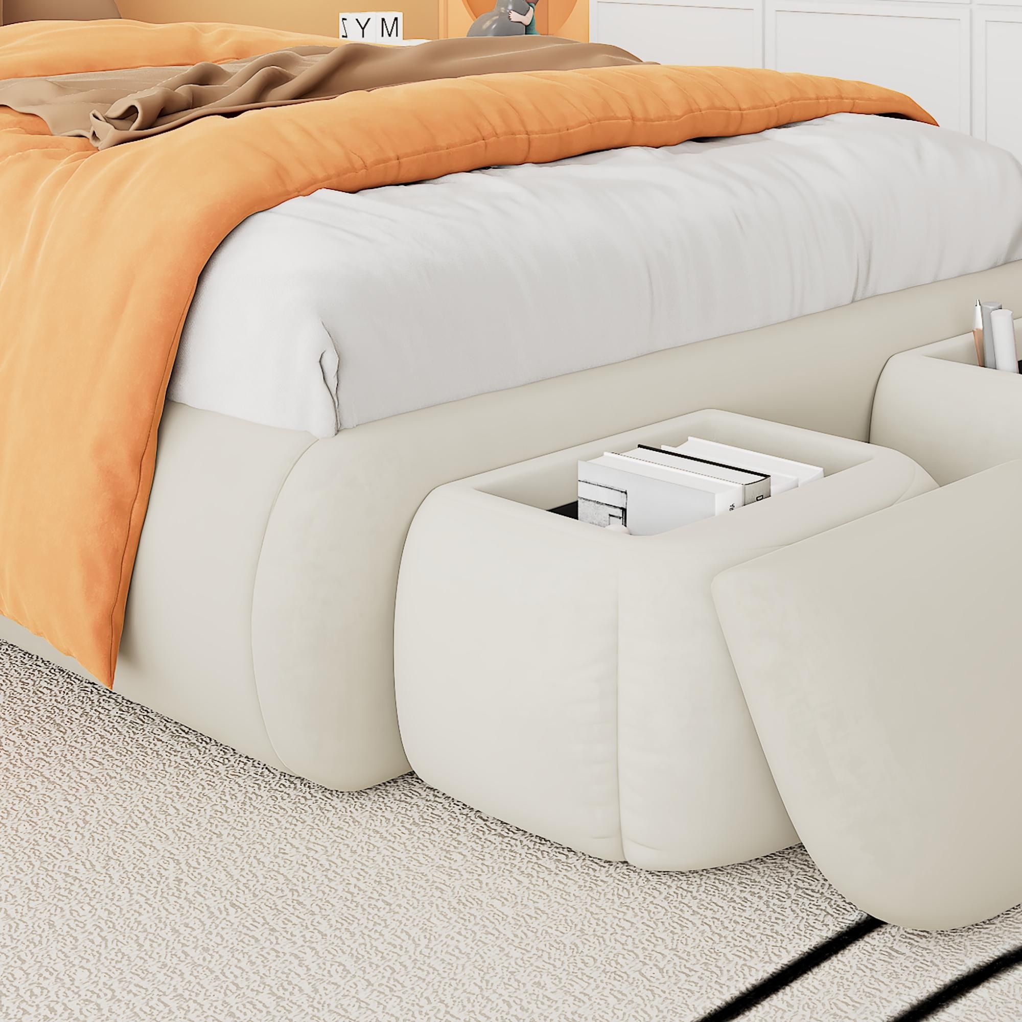 Merax Polsterbett 90x200 cm mit LED-Hasenohren und Holzlatten, Doppelbett mit Stauraum und 2 Aufbewahrungshockern, Samt Beige