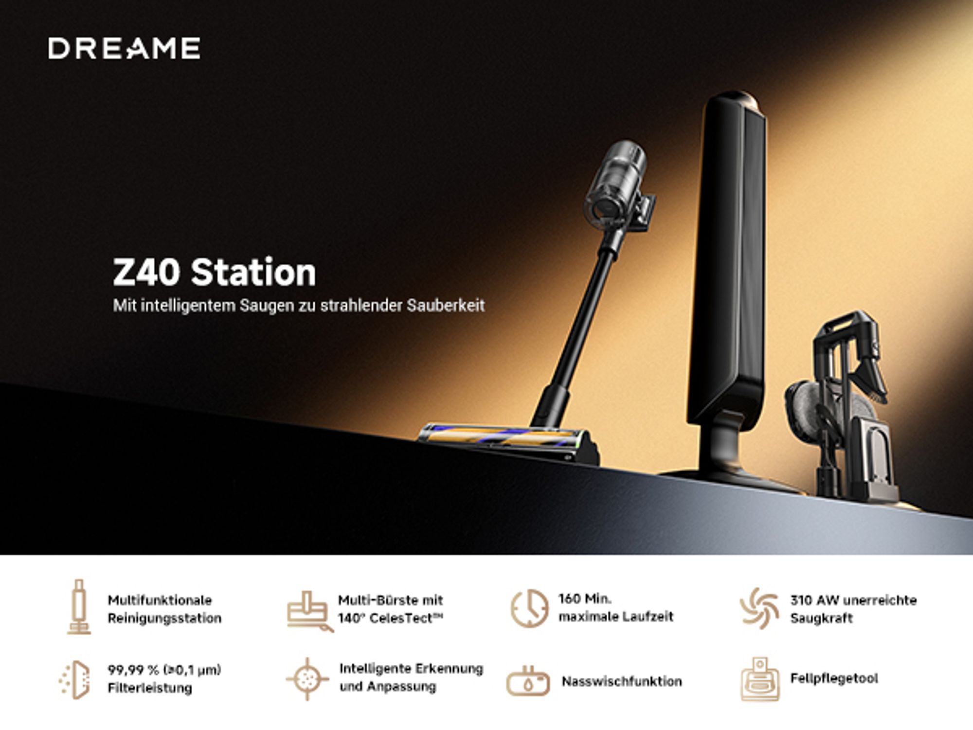 Dreame Z40 Station Akku-Staubsauger– Kabelloser Stielstaubsauger mit automatischer Leerung, Reinigungsstation, 310 AW Saugkraft, 160 Min