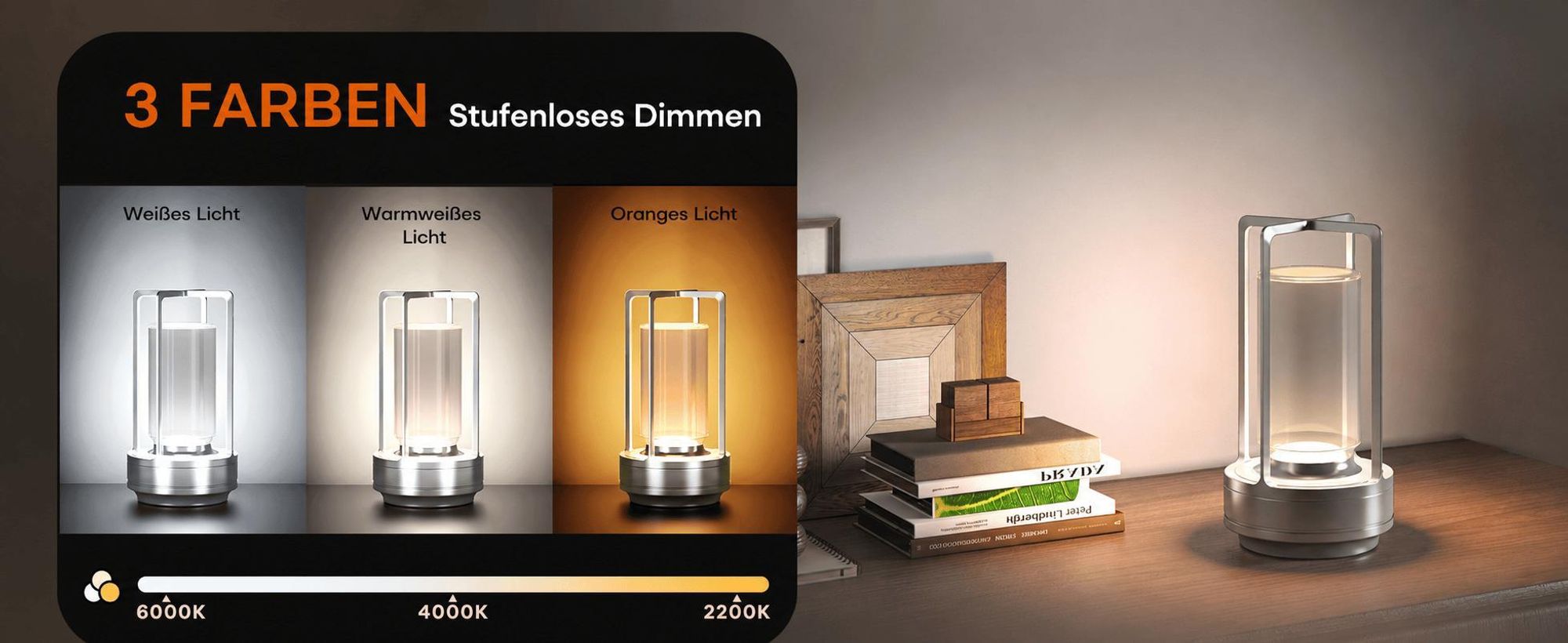 Tragbare Innen-/Außentischlampe aus Metall, kabellose wiederaufladbare LED-Lampe, 3 Farben stufenlos dimmbar, Beleuchtung für Restaurant/Schlafzimmer