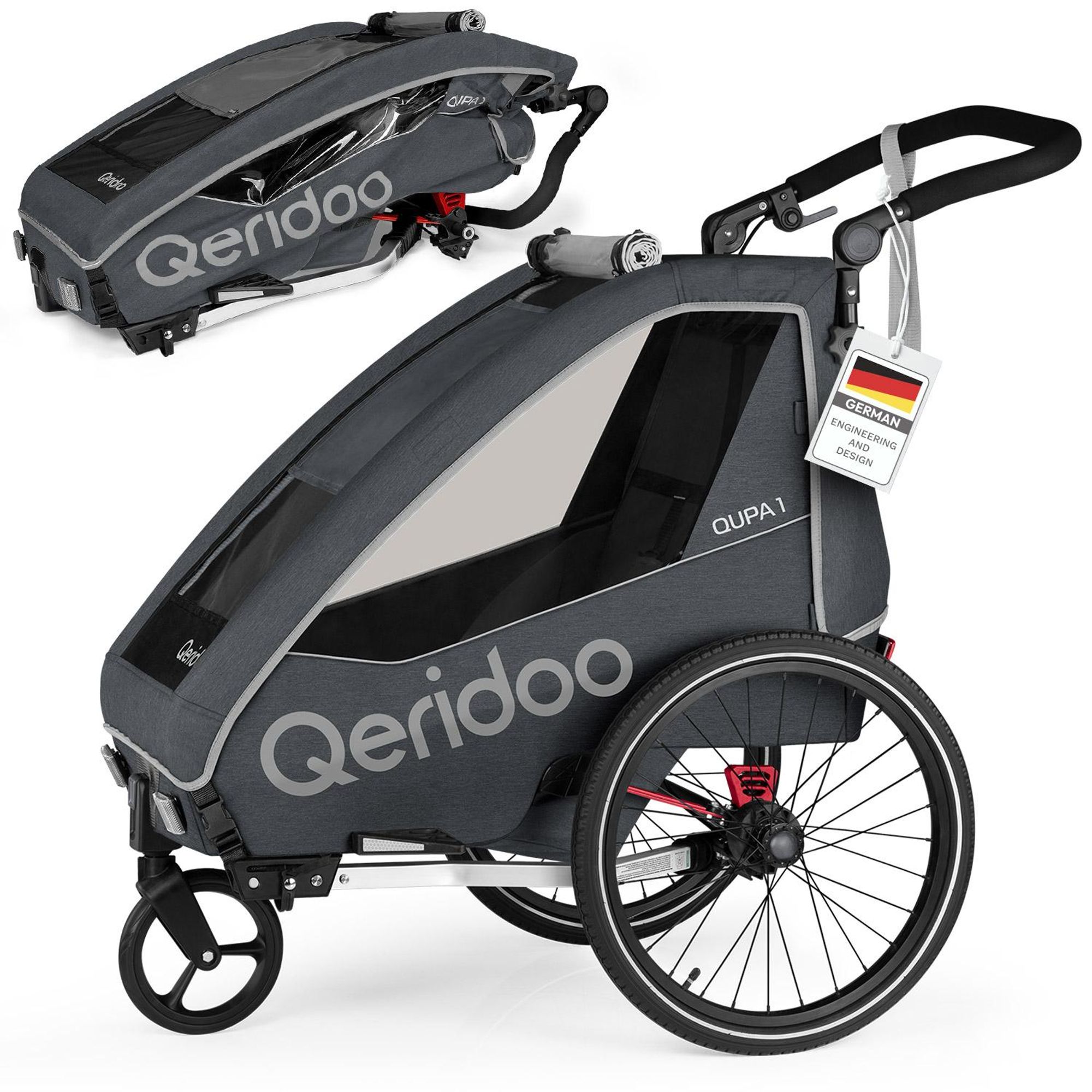 Qeridoo QUPA 1 - Kinderfahrradanhänger für 1 Kind, Farbe: Grey