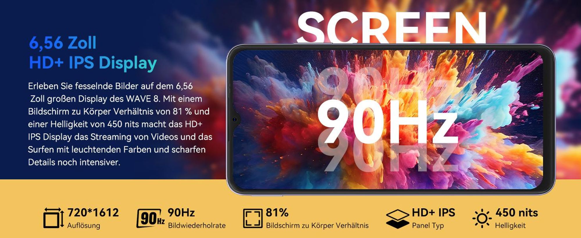 Blackview Wave 8 AI Handy Ohne Vertrag, 6,56" HD+ IPS Display, 12GB+128GB ROM, Octa-Core, 5000mAh, 13MP+8MP, Dual SIM, Face ID,1080P FHD
