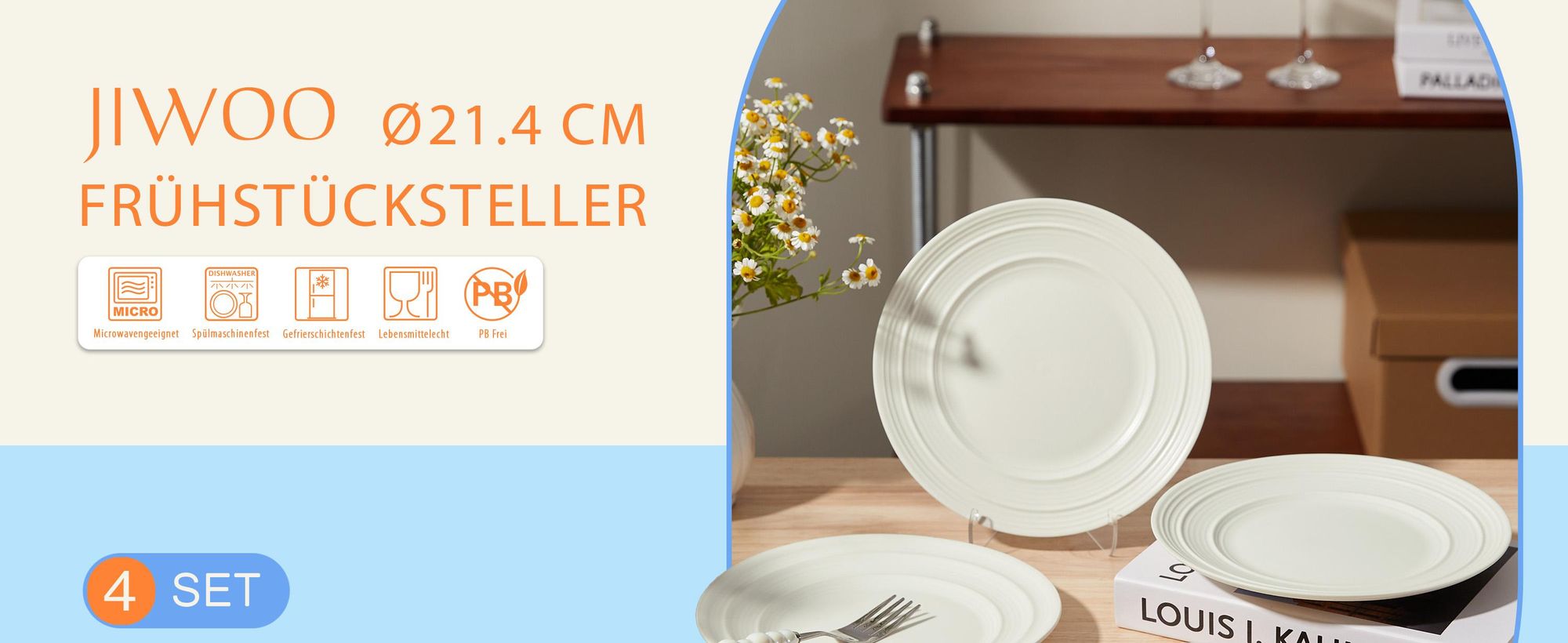 Keramik Speiseteller Set 4-teilig Ø21,4 cm mit Matt-Glasur, Flachteller für Kuchen und Dessert, mikrowellengeeignet und spülmaschinenfest, Weiß
