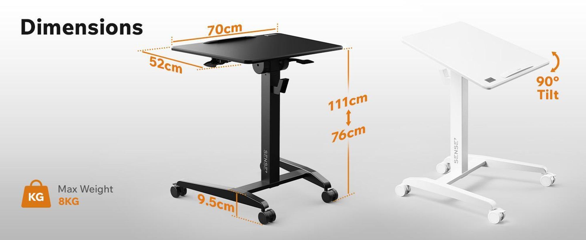 SENSE7 Písací stôl na kolieskach Mobilný písací stôl – sklopná doska Výškovo nastaviteľný Veľká pracovná plocha Moderný minimalistický dizajn 70 x 52 cm Čierny