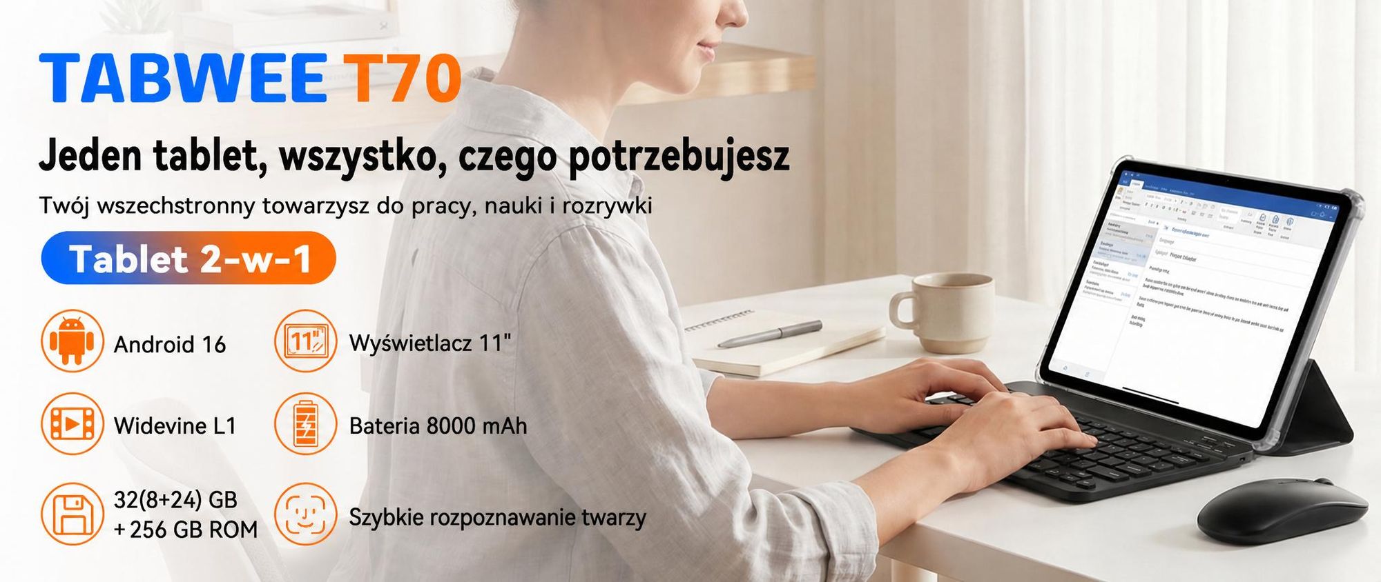 TABWEE T70, tablet 11 cali, 32 (8+24) GB pamięci, 256 GB pamięci wewnętrznej, system Android 16, bateria 8000 mAh, Bluetooth 5.0, rozpoznawanie twarzy, certyfikat Widevine L1, certyfikat Rheinland. W zestawie: klawiatura, mysz, rysik