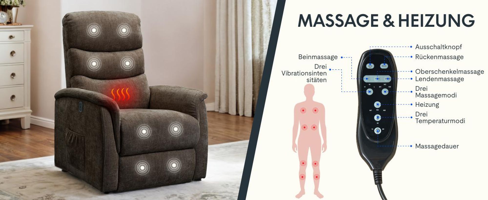 FLEXISPOT XL3 Pro Elektrischer Massagesessel mit Heizfunktion, Aufstehhilfe, USB-Anschluss, Fernbedienung und Seitentasche für Senioren (Braun)