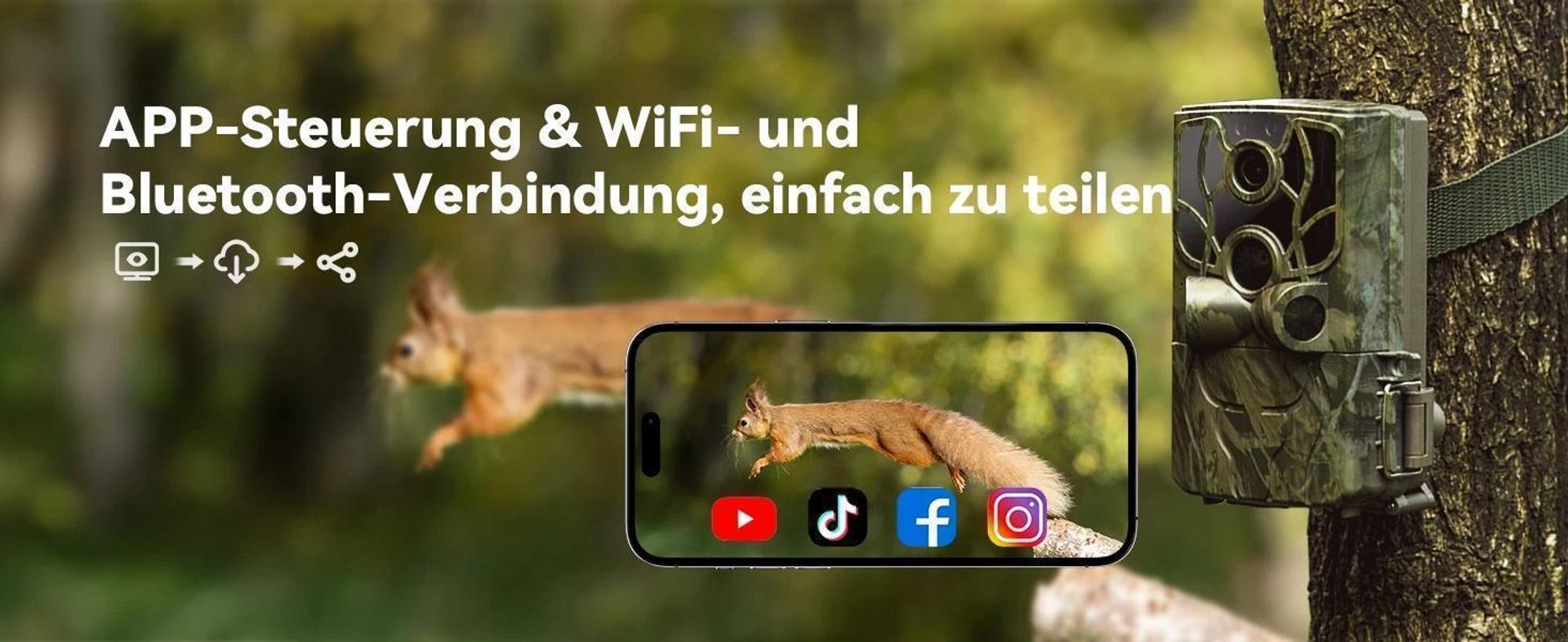 4K Wildkamera mit Handyübertragung App Wildkamera Wlan mit Bewegungsmelder Nachtsicht Wasserdicht 0,5S Auslösen Inklu 32GB SD-Karte 8 AA-Batterien