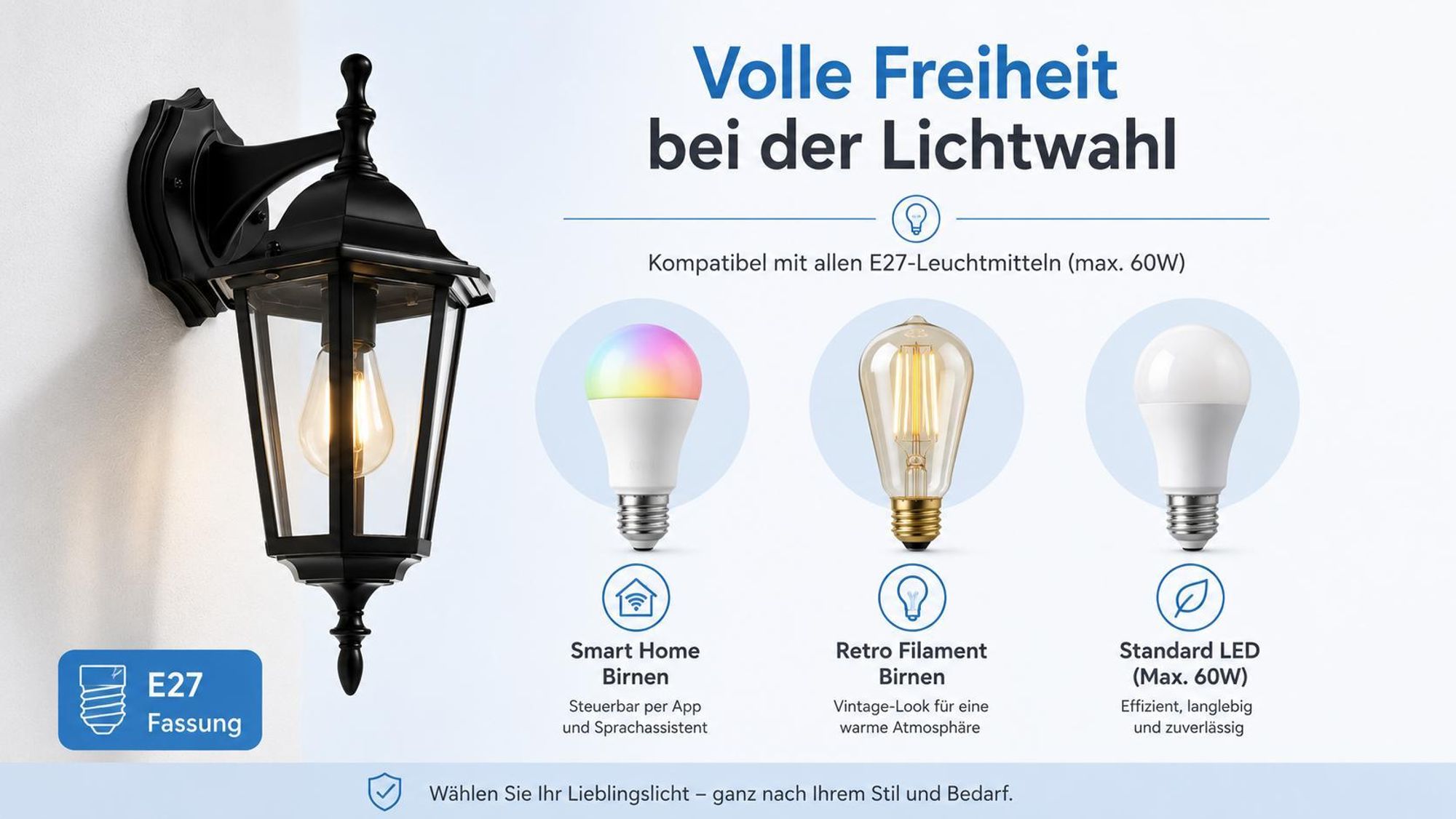 MasterLED Außenwandleuchte E27 max 60W IP44 Aluminium Glas schwarz RAL 9005 Wandmontage