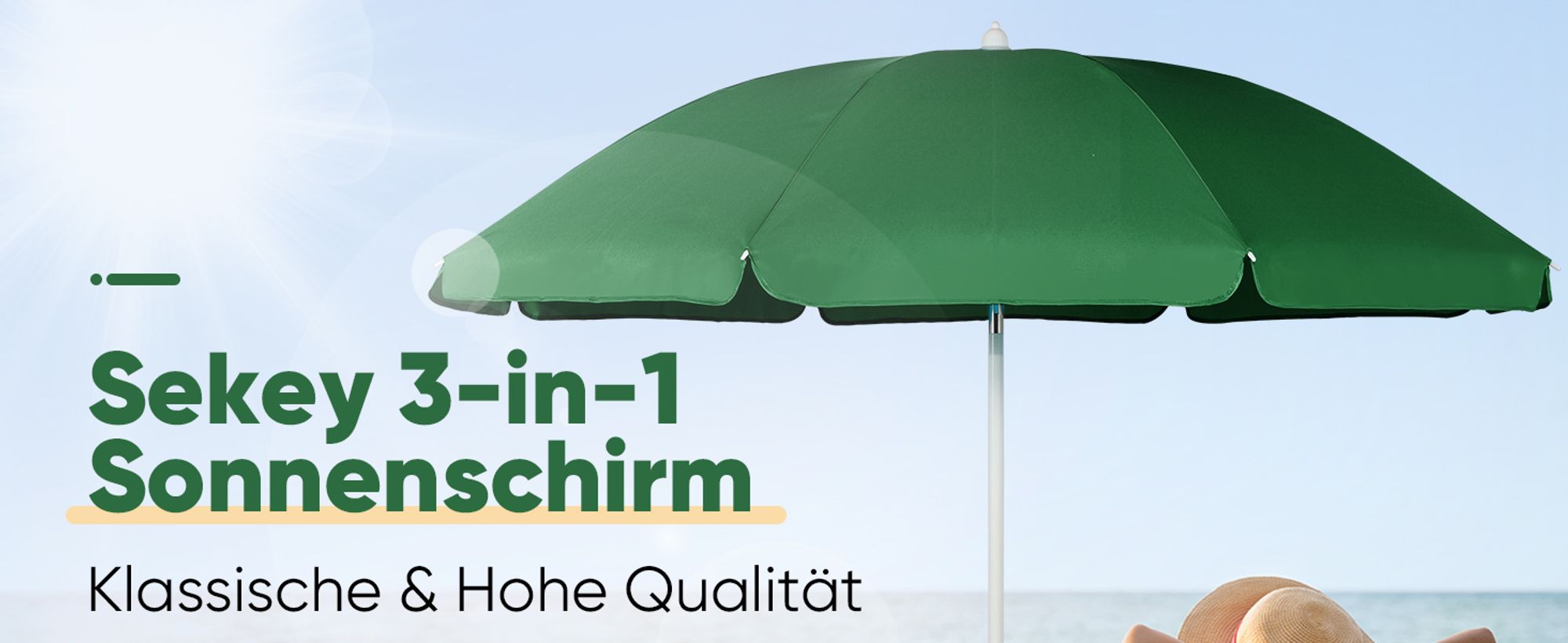 Sekey Sonnenschirm Rund Ø180cm Gartenschirm UV Schutz 50+ Strandschirm mit erdspieß & Schutzhülle, Neigungswinkel und Höhe verstellbar