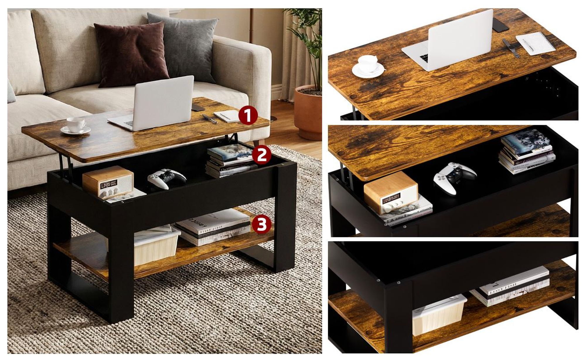 Yorbay Couchtisch Höhenverstellbarer Wohnzimmertisch mit Stauraum,Sofatisch Beistelltisch Schwarz/Retro, Kaffeetisch für Wohnzimmer