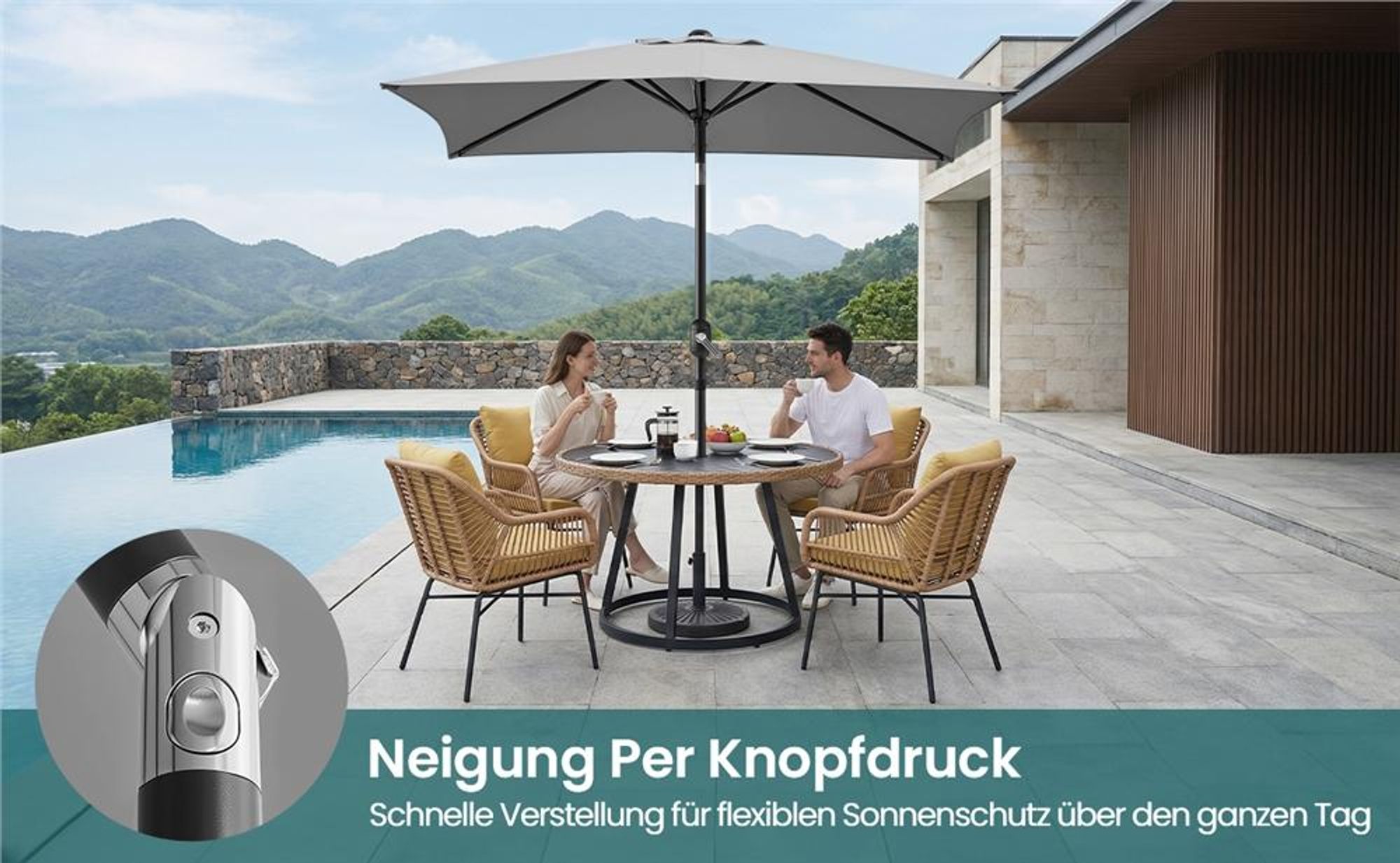 Yaheetech Rechteckiger Sonnenschirm Ø 227 cm, neigbarer Gartenschirm mit 6 Rippen, Terrassenschirm Kurbelschirm, Sonnenschutz, Grau