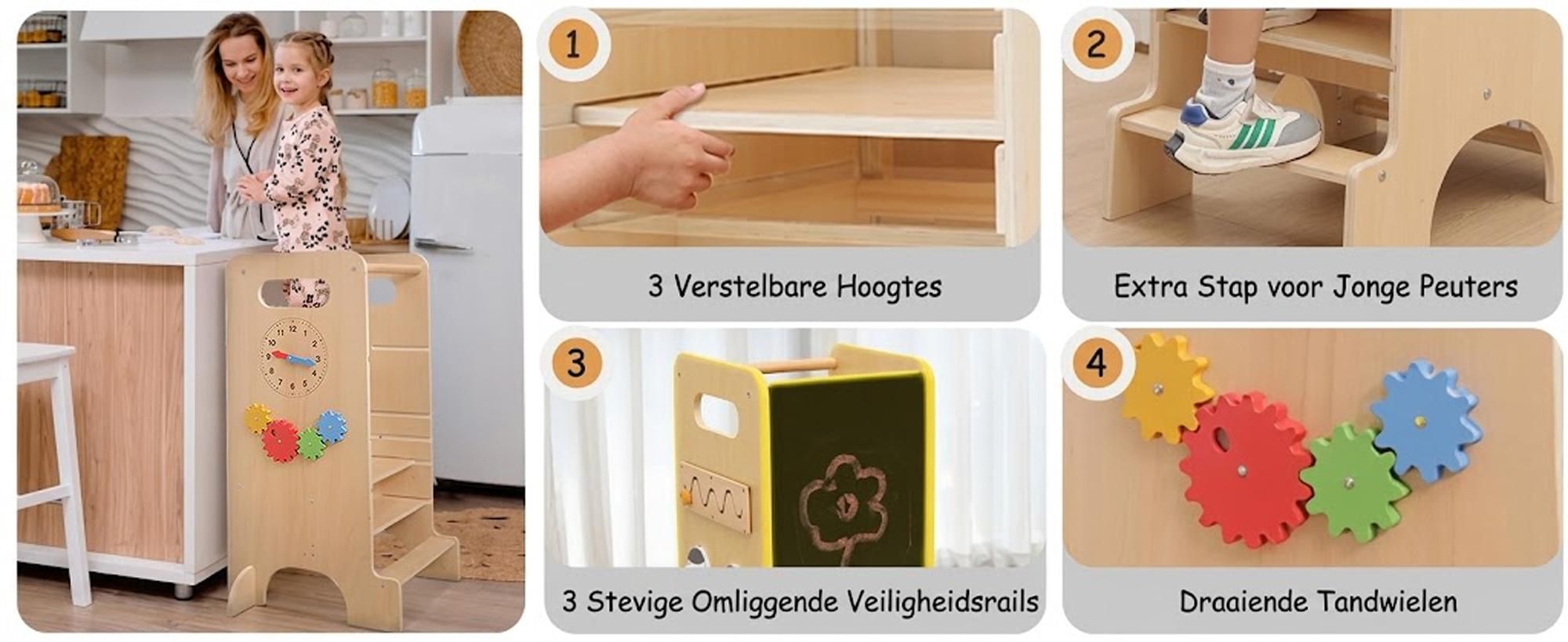 Olvy Leerstoel vanaf 1 jaar – 4-in-1 Montessori leertoren voor kinderen, met verstelbare hoogte, voorzien van een glijbaan, een bord en speelgoed, een multifunctionele kinderkeukenassistent