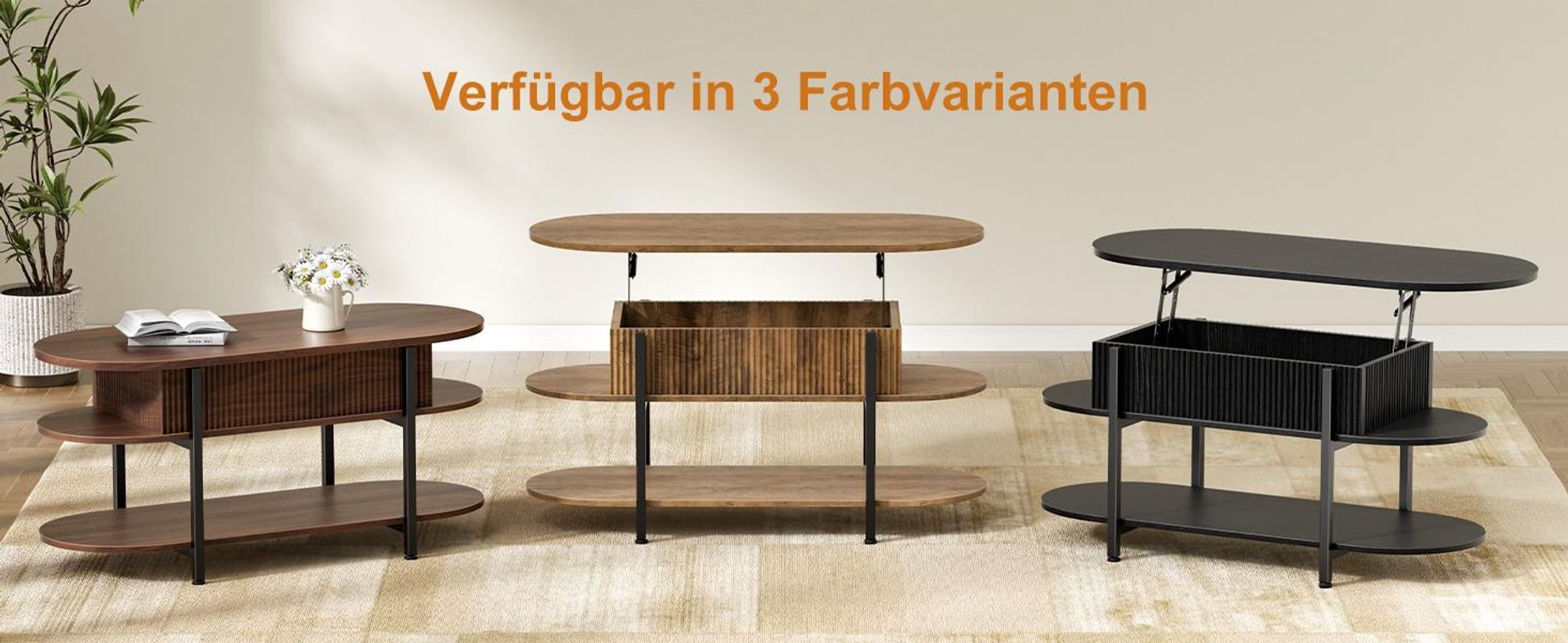 FABATO höhenverstellbare Konstruktion, dreistöckiges Design, versteckter Stauraum und edle Nussbaum-Optik,Moderner ovaler Couchtisch von