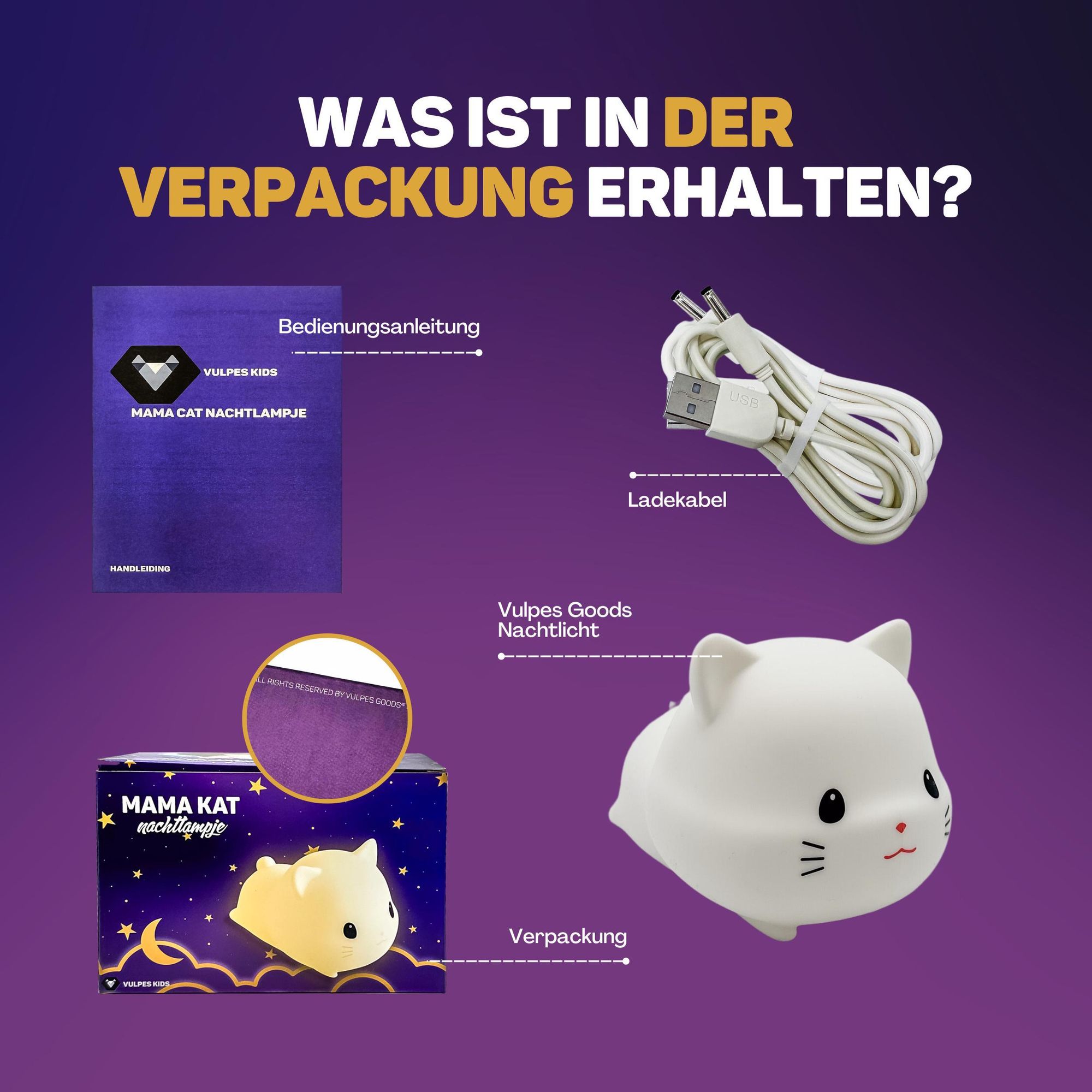 Vulpes Goods kabellose Tischleuchte LED | Dimmbar Nachtlicht Kinder | Touch Nachttischlampe in Katze Form | Usb nachtlicht aufladbar mit Timerfunktion