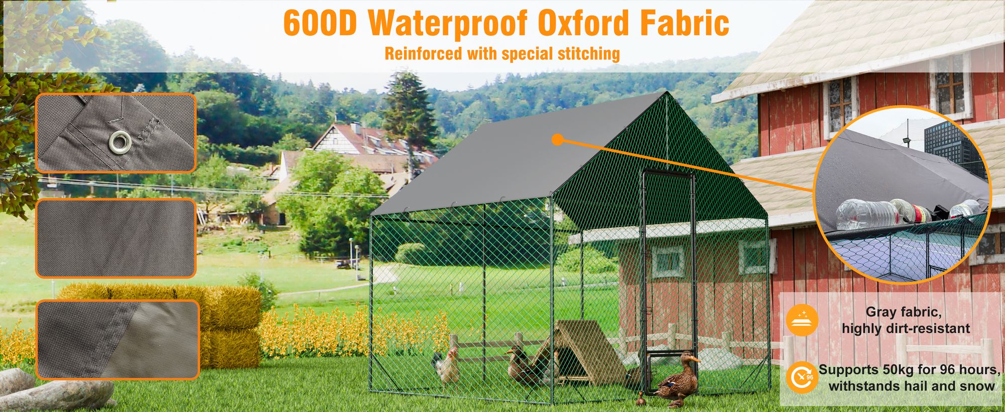 WISFOR 5.25㎡ Hühnerstall Kleintierstall Freilaufgehege Kleintiergehege mit Dach, 300x207x276cm, Größe: L