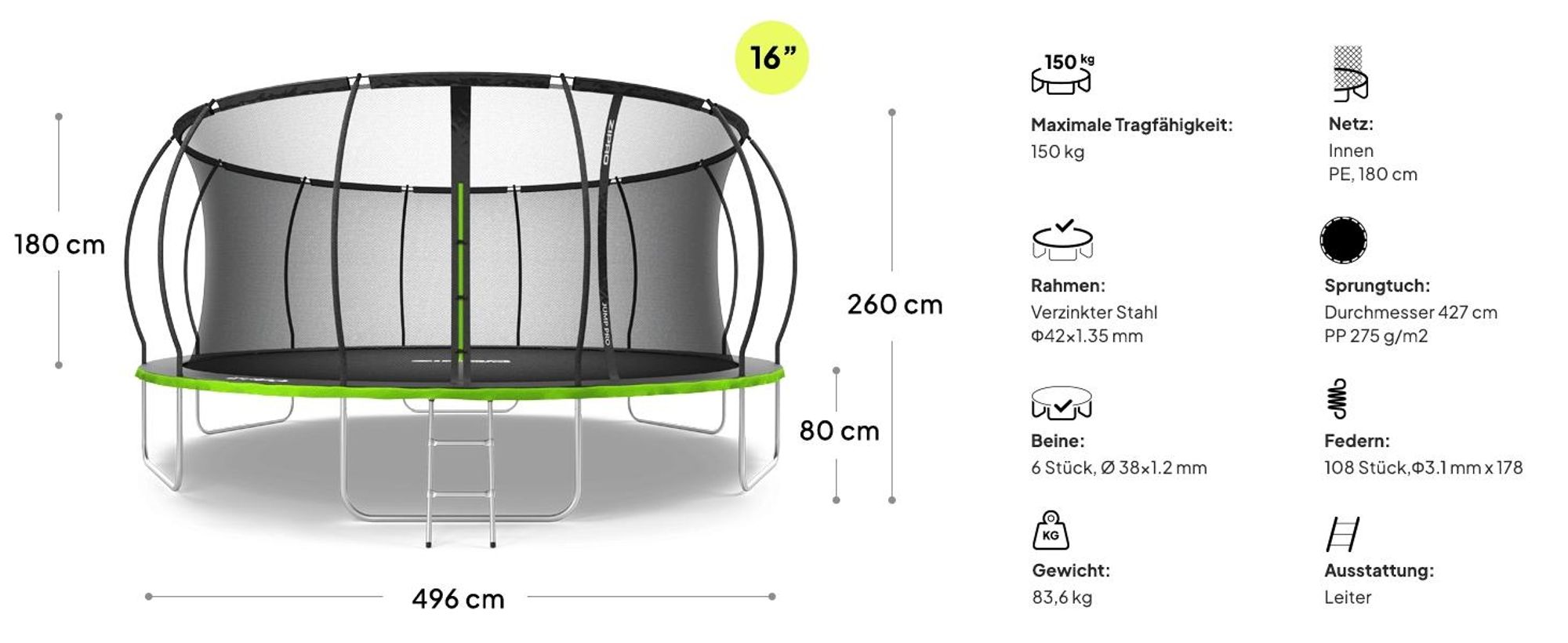 ZIPRO Trampolin Jump Pro Premium | 16FT Ø 496 cm | Gartentrampolin Kindertrampolin Komplett-Set inkl. Netz, Leiter & Randabdeckung, Outdoor, Grün