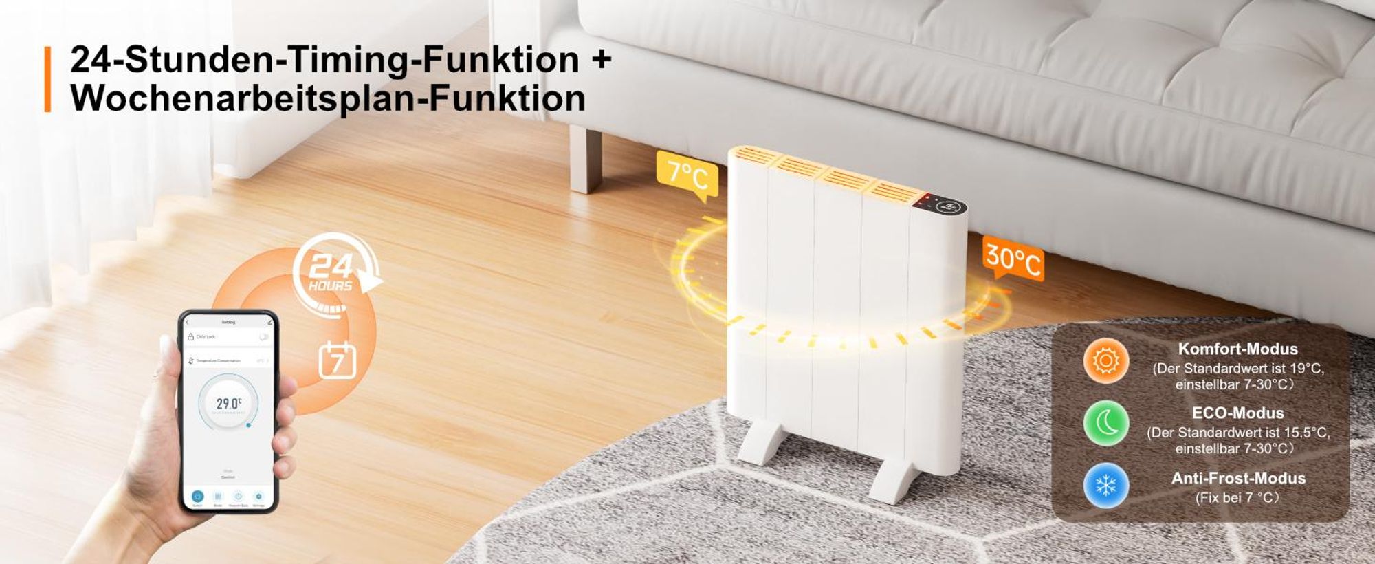 EMKE® Elektroheizung 700W Elektro Konvektor 453x500x60mm mit WIFI und Alexa-Sprachsteuerung, Standgerät & Wandmontage Elektroheizkörper ohne Heizstab